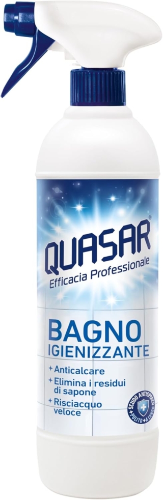 Bagno Igienizzante di Quasar è un prodotto in spray facilissimo da usare per sciogliere il calcare, che si risciacqua velocemente per sanitari e rubinetteria puliti e lucidi. Prezzo: 3,04 euro su amazon.it Bagno Igienizzante di Quasar è un prodotto in spray facilissimo da usare per sciogliere il calcare, che si risciacqua velocemente per sanitari e rubinetteria puliti e lucidi. Prezzo: 3,04 euro su amazon.it