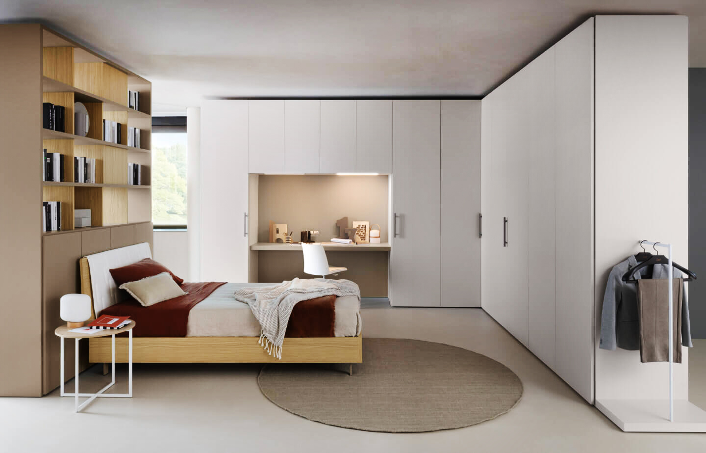 L'armadio angolare a ponte L 2511 di Zalf, con le ante lisce Plana pomice e maniglie Bench selce, accoglie lo scrittoio dando vita ad un angolo studio ampio e funzionale. Il terminale laterale dell'armadio è dotato di un appendino con la  base pomice e la struttura bianca. Prezzo su richiesta. https://www.zalf.com L'armadio angolare a ponte L 2511 di Zalf, con le ante lisce Plana pomice e maniglie Bench selce, accoglie lo scrittoio dando vita ad un angolo studio ampio e funzionale. Il terminale laterale dell'armadio è dotato di un appendino con la  base pomice e la struttura bianca. Prezzo su richiesta. https://www.zalf.com