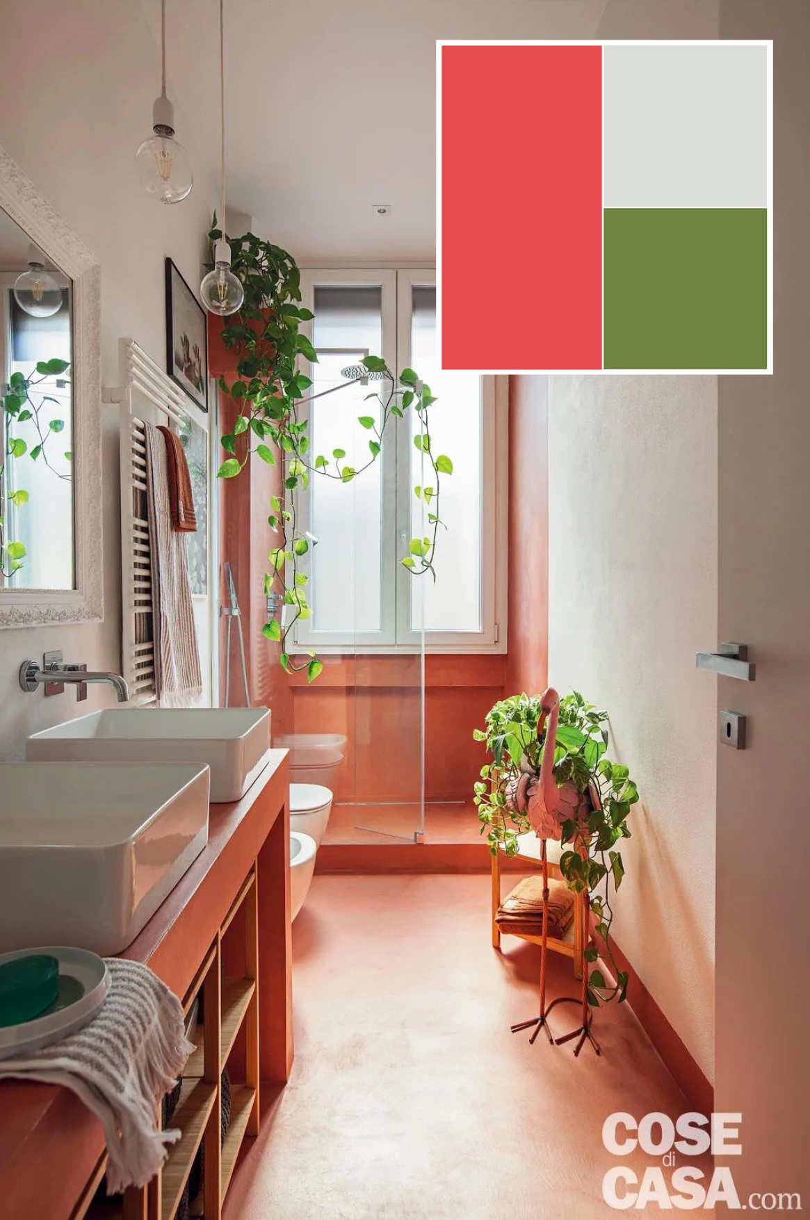 In questo bagno molto luminoso, in abbinamento al bianco di pareti e sanitari, è stato scelto il corallo. Questo colore è stato usato per il rivestimento realizzato a base cementizia impiegato per il pavimento e le pareti del box doccia in muratura, così come per il mobile del lavabo in cartongesso. L'insieme risulta particolare e vivace, senza essere eccessivo.
Progetto arch. Ilaria Di Genova, Milano digenova.ilaria@gmail.com -Foto Cristina Galliena Bohman - Styling Laura Mauceri