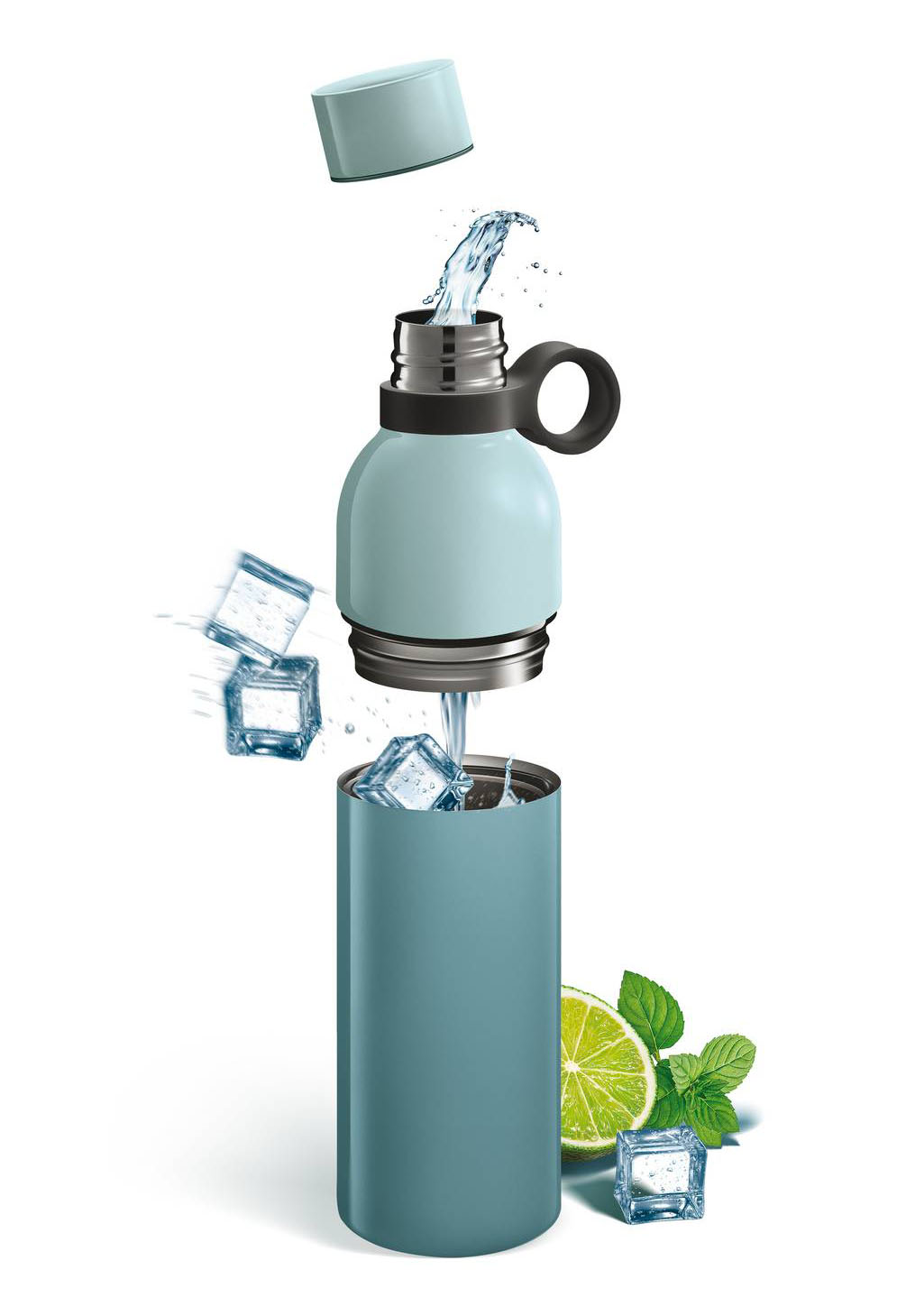 La borraccia della Linea Constant di Tescoma è molto comoda perché ha due aperture: quella del collo, per bere, e quella lungo il corpo della bottiglia, che permette di inserire anche cubetti di ghiaccio, erbe aromatiche e frutta, e di svuotarla e pulirla senza fatica. In acciaio inossidabile con guarnizioni in silicone, ha capienza di 0,5 litri. Prezzo 29,90 euro. www.tescomaonline.com