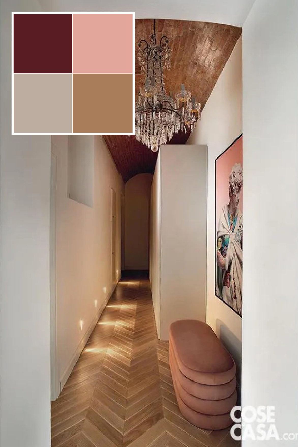 È il caso di questo corridoio che costituisce l'ingresso di un appartamento che presenta degli elementi d'epoca. Il corridoio, che conduce al soggiorno, presenta un soffitto con volta a botte e un parquet con posa a spina di pesce. È stato arredato con una panca imbottita di forma ovale color vinaccia e con un armadio bianco a parete, e un tocco di eleganza è dato dal lampadario chandelier a gocce: il piccolo ambiente così viene valorizzato dalla scelta dei colori e degli elementi in stile rétro.
Progetto arch. Valentina Farassino, Torino valentinafarassino.com, info@valentinafarassino.com -Foto Barbara Corsico - Styling Chiara Dal Canto È il caso di questo corridoio che costituisce l'ingresso di un appartamento che presenta degli elementi d'epoca. Il corridoio, che conduce al soggiorno, presenta un soffitto con volta a botte e un parquet con posa a spina di pesce. È stato arredato con una panca imbottita di forma ovale color vinaccia e con un armadio bianco a parete, e un tocco di eleganza è dato dal lampadario chandelier a gocce: il piccolo ambiente così viene valorizzato dalla scelta dei colori e degli elementi in stile rétro.
Progetto arch. Valentina Farassino, Torino valentinafarassino.com, info@valentinafarassino.com -Foto Barbara Corsico - Styling Chiara Dal Canto