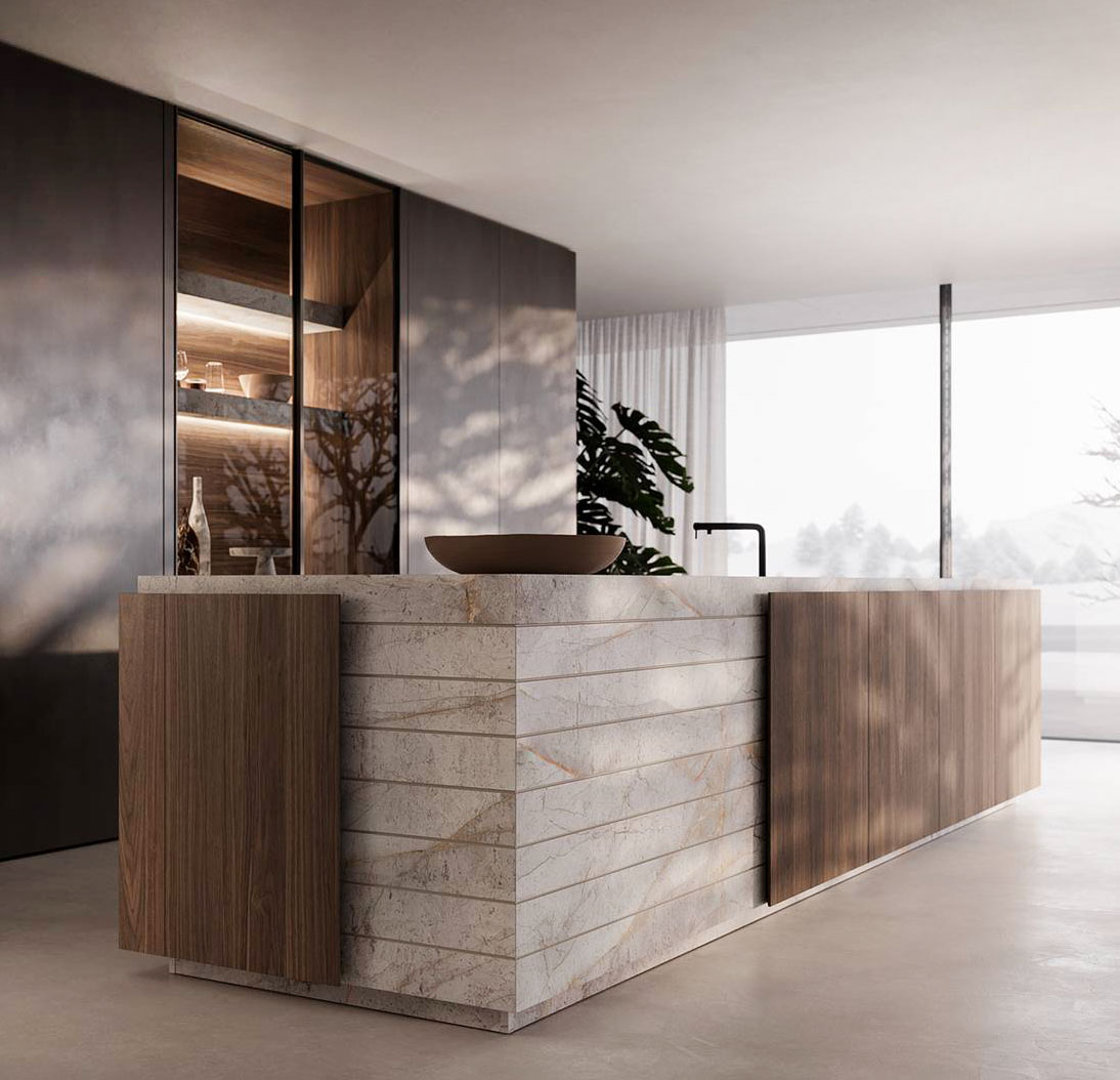 Ha un aspetto scultoreo l'isola della cucina Art di Modulnova che ha i fianchi, le basi e il top in Gres Appennino, che riproduce la venatura e il fascino del Marmo, abbinato agli elementi in Noce Classic con venatura verticale. Le colonne hanno le ante nella finitura Blade Edge Antracite Dust e in vetro Fumé con profilo Antracite Dust. Prezzo su richiesta. https://www.modulnova.it Ha un aspetto scultoreo l'isola della cucina Art di Modulnova che ha i fianchi, le basi e il top in Gres Appennino, che riproduce la venatura e il fascino del Marmo, abbinato agli elementi in Noce Classic con venatura verticale. Le colonne hanno le ante nella finitura Blade Edge Antracite Dust e in vetro Fumé con profilo Antracite Dust. Prezzo su richiesta. https://www.modulnova.it