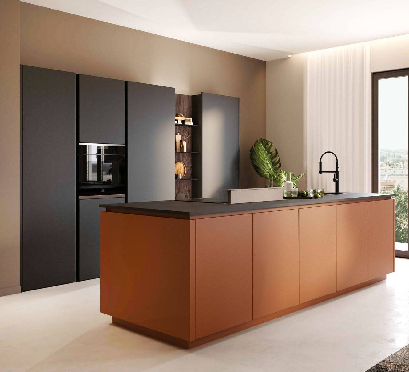 Effetto bicolore per la cucina Pratica 2517 di La Casa Moderna che si articola in una grande isola, con le ante delle basi in laccato color mattone, e in una armadiatura a colonne, in PET nero opaco, che ospita la dispensa e gli elettrodomestici ed è completata da luci led e boiserie con mensole. Il top è realizzato in laminato scuro. Prezzo a partire da 9.950 euro (con kit elettrodomestici, lavello e miscelatore; esclusi cappa e accessori). https://lacasamoderna.com Effetto bicolore per la cucina Pratica 2517 di La Casa Moderna che si articola in una grande isola, con le ante delle basi in laccato color mattone, e in una armadiatura a colonne, in PET nero opaco, che ospita la dispensa e gli elettrodomestici ed è completata da luci led e boiserie con mensole. Il top è realizzato in laminato scuro. Prezzo a partire da 9.950 euro (con kit elettrodomestici, lavello e miscelatore; esclusi cappa e accessori). https://lacasamoderna.com