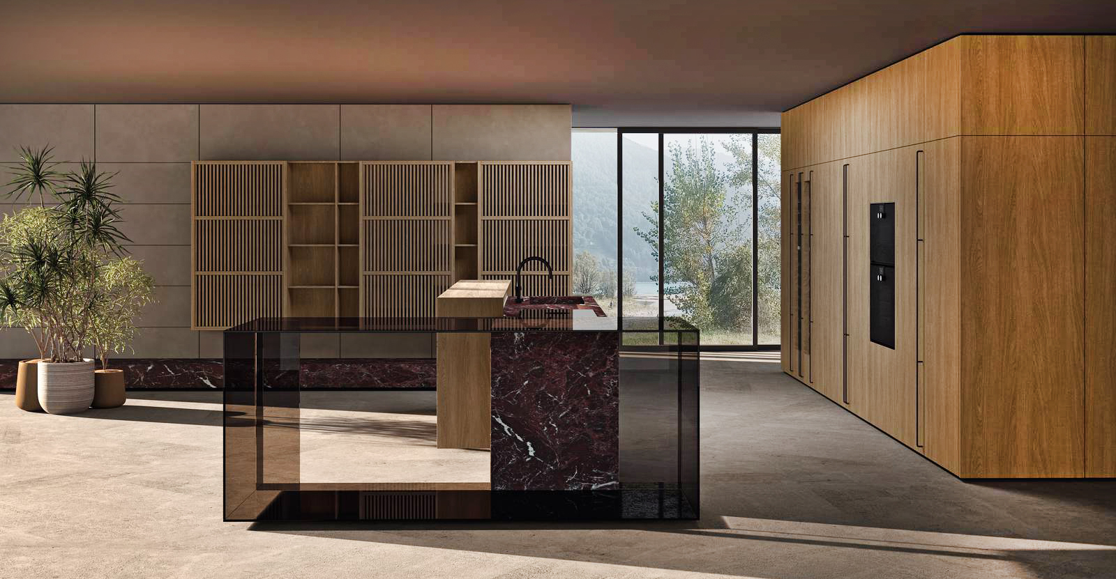 Nella composizione Tai_O Evolution di Key Cucine l'isola monolitica in pregiato Marmo Rosso Lepanto e legno Rovere Naturale, dotata di lavello e piano cottura, con bancone in vetro stratificato fumé è la protagonista indiscussa. Le colonne attrezzate e la boiserie in Calce del Brenta completano l'ambiente. Prezzo su richiesta. https://keysbabo.com Nella composizione Tai_O Evolution di Key Cucine l'isola monolitica in pregiato Marmo Rosso Lepanto e legno Rovere Naturale, dotata di lavello e piano cottura, con bancone in vetro stratificato fumé è la protagonista indiscussa. Le colonne attrezzate e la boiserie in Calce del Brenta completano l'ambiente. Prezzo su richiesta. https://keysbabo.com