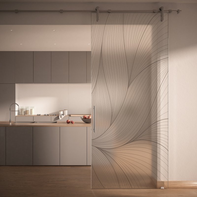 Porta Lucenti Dierre scorrevole esterno-muro in vetro satinato chiaro, mood Visual, decoro seta grey.