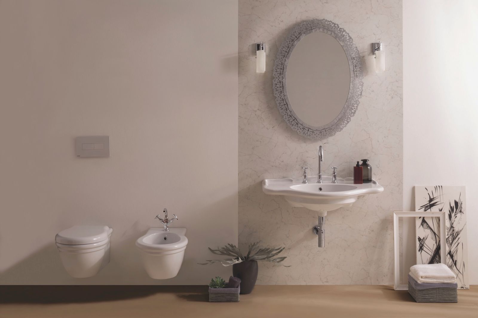 Fanno parte della collezione Paestum di Globo il lavabo e i sanitari sospesi in ceramica bianca di stile classico e romantico. Il lavabo misura L 71 x P 68 cm. Vaso e bidet misurano, cadauno, L 38 x P 57 cm. Prezzi su richiesta. www.ceramicaglobo.com Fanno parte della collezione Paestum di Globo il lavabo e i sanitari sospesi in ceramica bianca di stile classico e romantico. Il lavabo misura L 71 x P 68 cm. Vaso e bidet misurano, cadauno, L 38 x P 57 cm. Prezzi su richiesta. www.ceramicaglobo.com