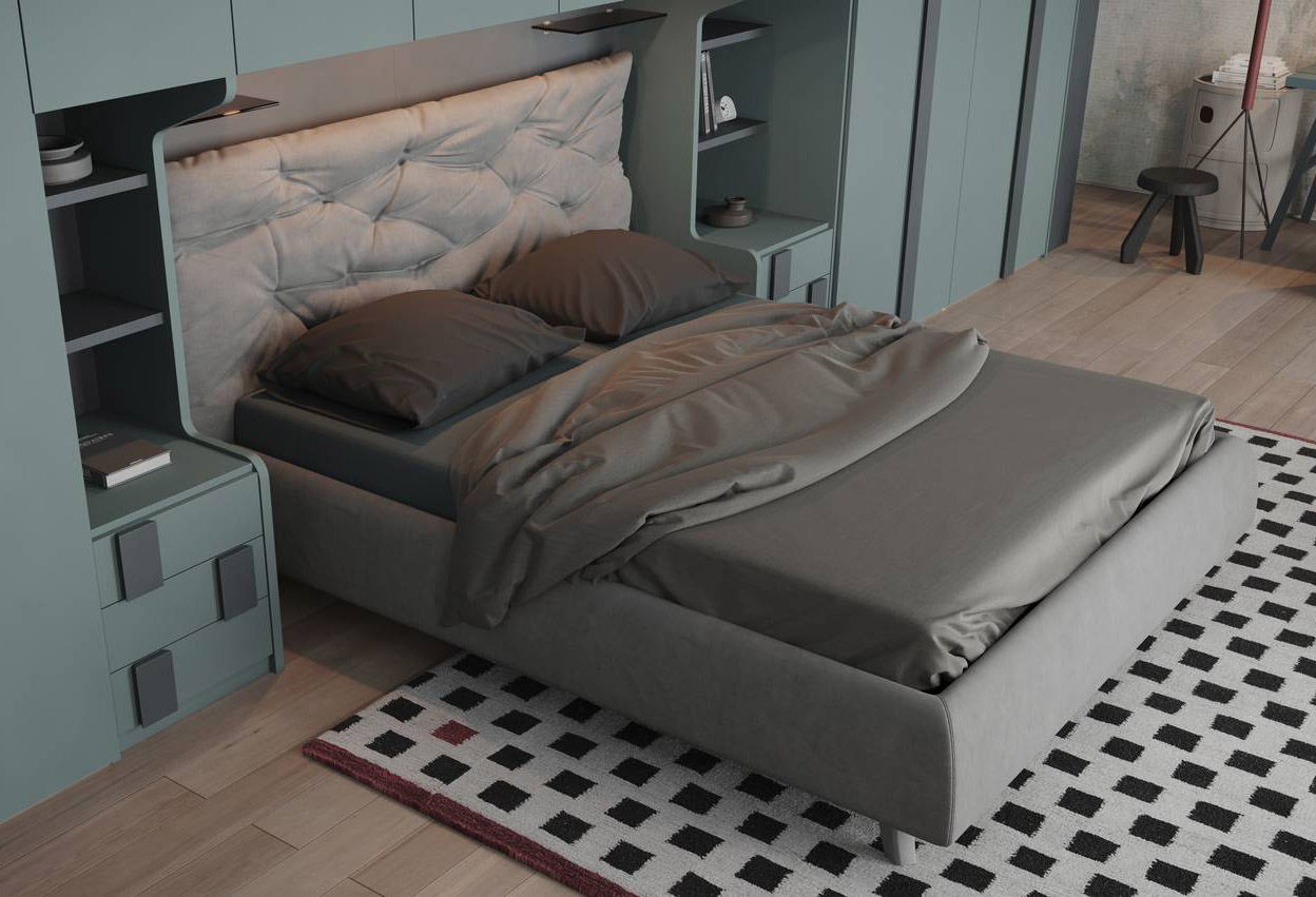 Il letto Tender di Giessegi è completamente rivestito in tessuto microfibra vintage che gli dona un aspetto morbido e accogliente sottolineato dall'alta testata imbottita; inoltre, è dotato di un comodo vano contenitore. Misura L 195 x P 213 x H 102 cm. Prezzo 2.015 euro + IVA. https://www.giessegi.it