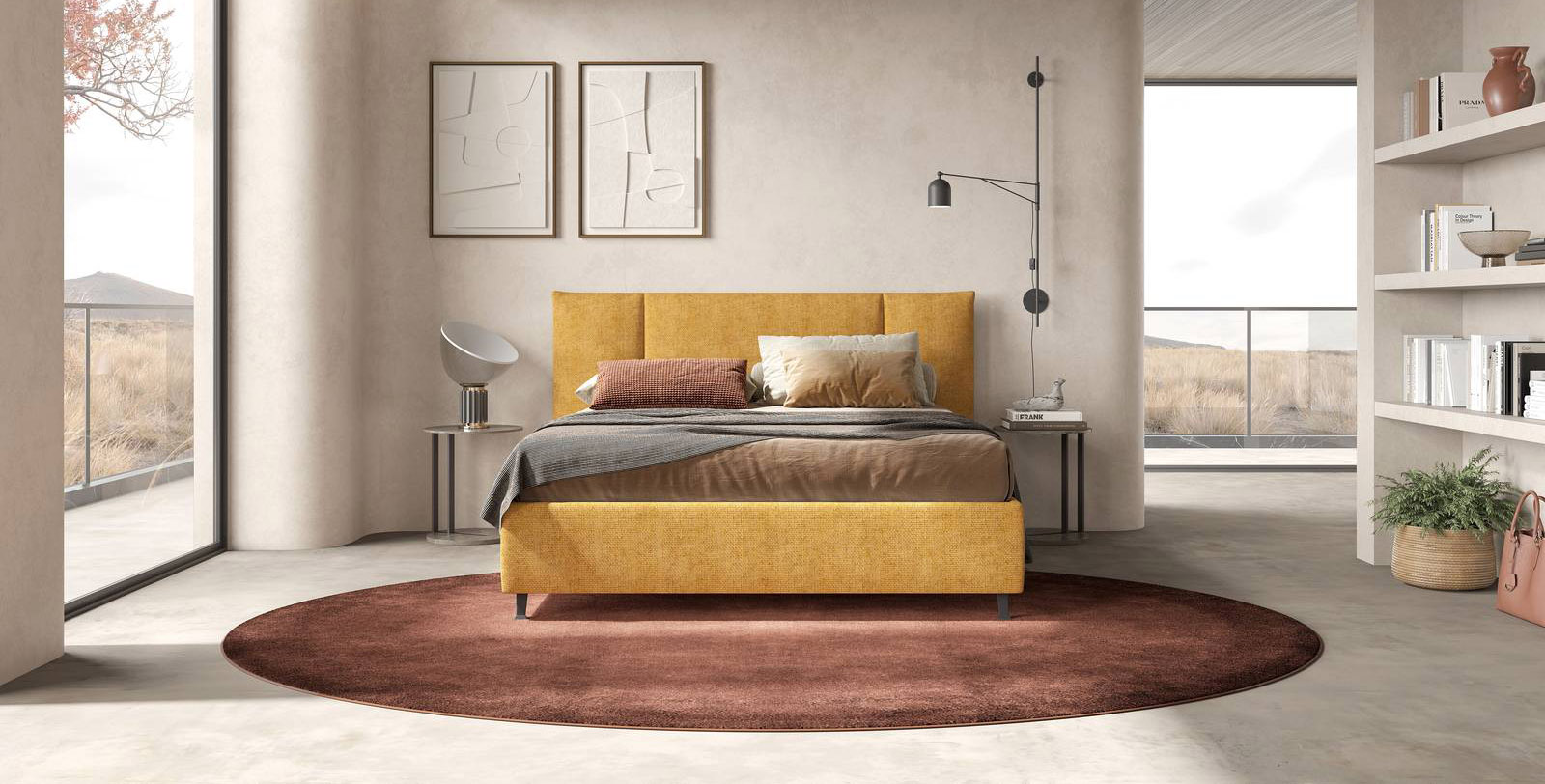 Permette di portare una ventata di colore in camera da letto Tom di Felver Casa Design grazie al rivestimento sfoderabile in tessuto giallo ocra. La testiera imbottita è scandita da due cuciture verticali bombate posizionate lateralmente. Misura L 209 x P 209 x H 116 cm. Prezzo a partire da 1.037 euro. https://www.felver.it