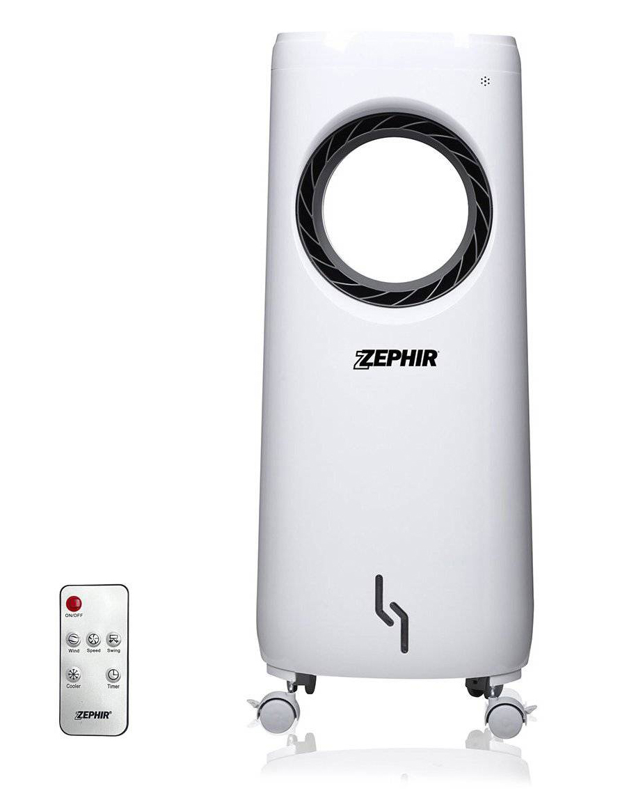Il raffrescatore, ventilatore e umidificatore ZAIR05 di Zephir è utilizzabile con acqua e/o ghiaccio (mattonelle refrigeranti incluse), è dotato di 3 velocità di ventilazione e ha 3 modalità di funzionamento. Con tanica da 4 litri, ha potenza di 80 watt. Misura L 33,5 x P 23,5 x H 75 cm. Prezzo 99,55 euro. www.obi-italia.it