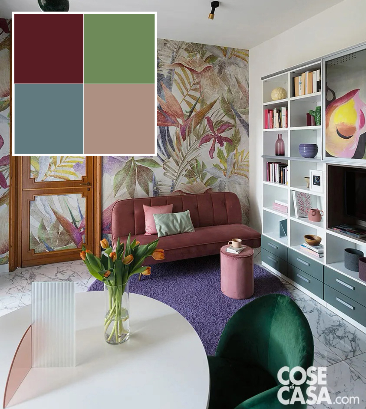 Questo soggiorno, che include salotto e zona pranzo, è caratterizzato dall'accostamento di varie tinte, che lo rendono giovane e moderno. Il divano in tessuto a tre posti, così come il pouf che funge anche da tavolino, è color vinaccia, richiamato anche da alcuni elementi del motivo floreale della carta da parati che riveste la parete retrostante. Tutto intorno è un mix di colori bellissimi, il viola del tappeto, il verde salvia della parte inferiore della libreria e il verde intenso delle sedie in velluto dell'angolo pranzo, per un risultato di grande effetto.
Progetto ARtelier Progetti, Silvia Scalia e Silvia Somma Architetti, Torino http://www.artelierprogetti.com - Foto Studio Roy - Styling Lidia Elisa Covello Questo soggiorno, che include salotto e zona pranzo, è caratterizzato dall'accostamento di varie tinte, che lo rendono giovane e moderno. Il divano in tessuto a tre posti, così come il pouf che funge anche da tavolino, è color vinaccia, richiamato anche da alcuni elementi del motivo floreale della carta da parati che riveste la parete retrostante. Tutto intorno è un mix di colori bellissimi, il viola del tappeto, il verde salvia della parte inferiore della libreria e il verde intenso delle sedie in velluto dell'angolo pranzo, per un risultato di grande effetto.
Progetto ARtelier Progetti, Silvia Scalia e Silvia Somma Architetti, Torino http://www.artelierprogetti.com - Foto Studio Roy - Styling Lidia Elisa Covello