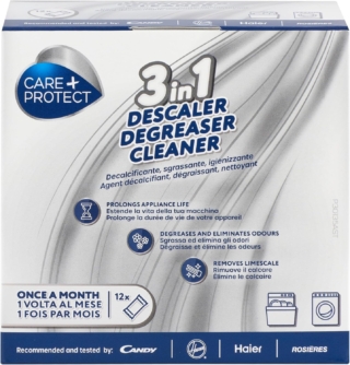 Da usare una volta al mese, Care + Protect è un prodotto 3 in 1 ad azione decalcificante, sgrassante e igienizzante, in polvere. Prezzo: 11,90 euro su amazon.it Da usare una volta al mese, Care + Protect è un prodotto 3 in 1 ad azione decalcificante, sgrassante e igienizzante, in polvere. Prezzo: 11,90 euro su amazon.it