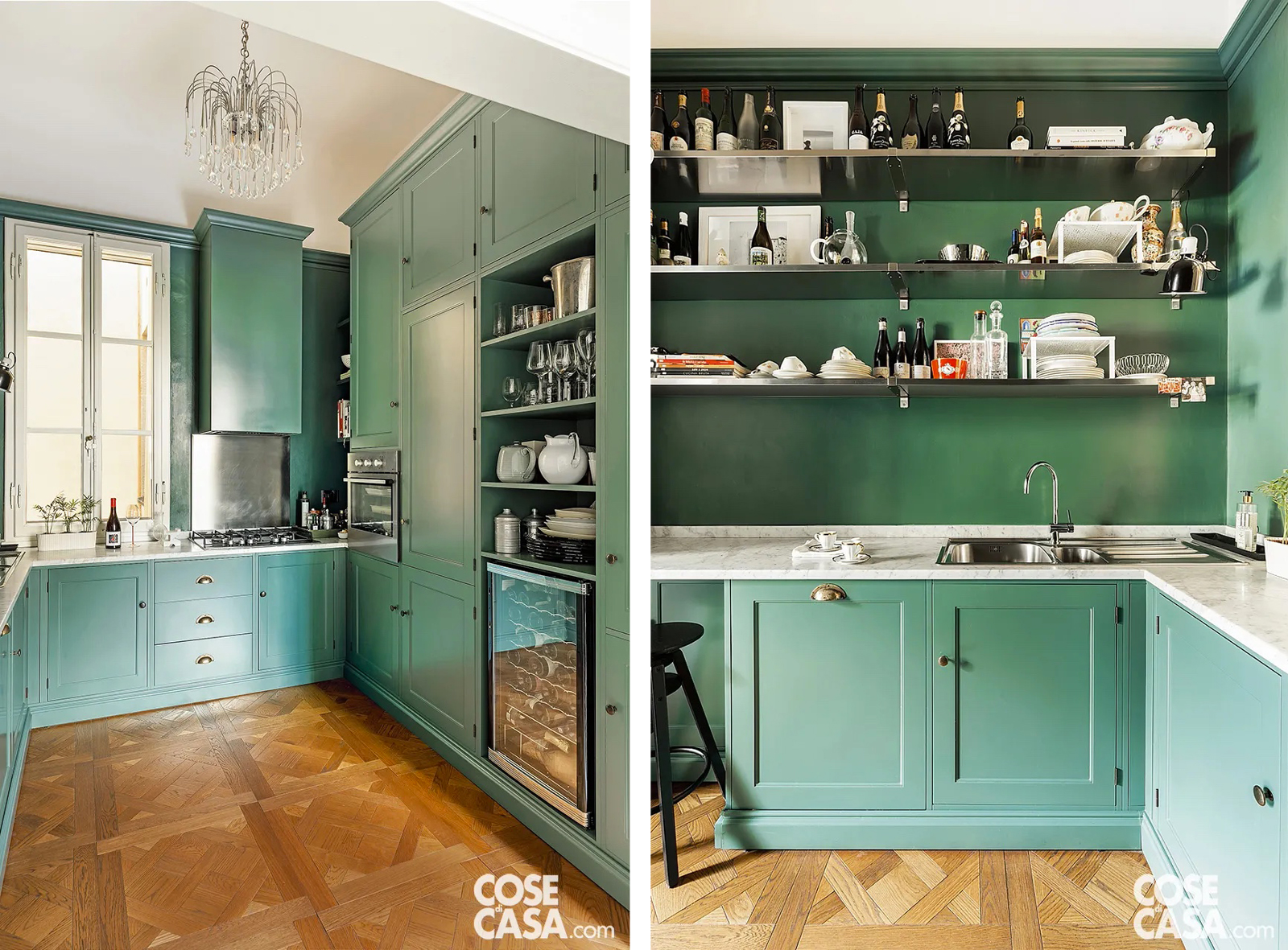 In questa cucina classica color verde acqua, che rimane parzialmente a vista dal soggiorno, perché collocata in un locale privo di serramento, tutte le funzioni sono organizzate a parete su tre lati. Sul lato destro vi sono la cantinetta per i vini, sormontata da comodi ripiani, la colonna per frigo e freezer e la colonna per il forno. Di fronte, si trova il piano cottura con la cappa nascosta in un pensile, mentre il resto dello spazio è occupato da contenitori e cassetti e da un ampio piano di lavoro, molto utile vicino alla zona cottura. Infine a sinistra, la zona lavaggio, corredata da piano, mensole e contenitori.
Progetto Studio Tricot, Firenze, Tel. 055/7740547 http://www.studiotricot.it - Foto Studio Daido -Styling Studio Wolo In questa cucina classica color verde acqua, che rimane parzialmente a vista dal soggiorno, perché collocata in un locale privo di serramento, tutte le funzioni sono organizzate a parete su tre lati. Sul lato destro vi sono la cantinetta per i vini, sormontata da comodi ripiani, la colonna per frigo e freezer e la colonna per il forno. Di fronte, si trova il piano cottura con la cappa nascosta in un pensile, mentre il resto dello spazio è occupato da contenitori e cassetti e da un ampio piano di lavoro, molto utile vicino alla zona cottura. Infine a sinistra, la zona lavaggio, corredata da piano, mensole e contenitori.
Progetto Studio Tricot, Firenze, Tel. 055/7740547 http://www.studiotricot.it - Foto Studio Daido -Styling Studio Wolo