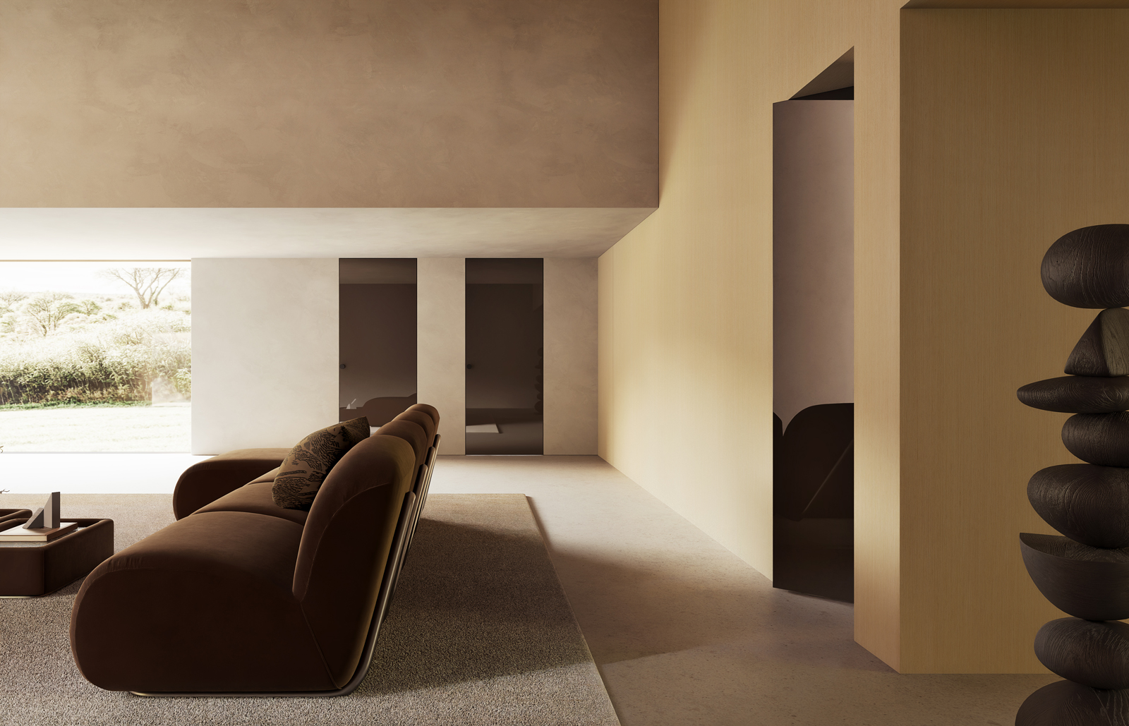 Nell’immagine, sullo sfondo, coppia di porte Frame Battente e sulla destra porta Bilico di FerreroLegno, elegante sistema di partizione con apertura su entrambi i lati, entrambe proposte nella finitura ULTRALucido Terra Light.