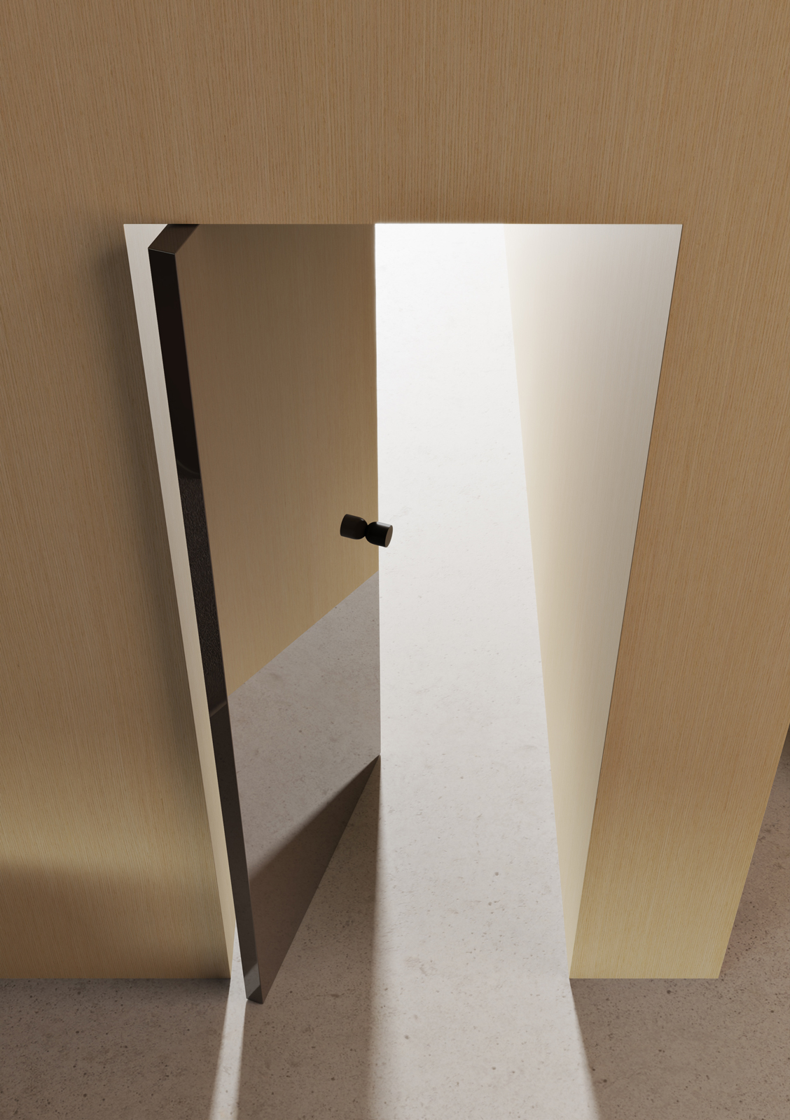 Nell’immagine dettaglio dall’alto della porta Bilico di FerreroLegno, elegante sistema di partizione con apertura su entrambi i lati, qui proposta nella versione ad anta singola nella finitura ULTRALucido Terra Light.