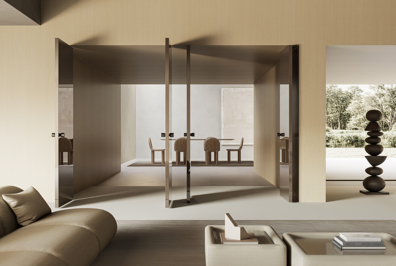 Nell’immagine porta Bilico di FerreroLegno, elegante sistema di partizione con apertura su entrambi i lati, qui proposta nella versione a 4 ante nella finitura ULTRALucido Terra Light.