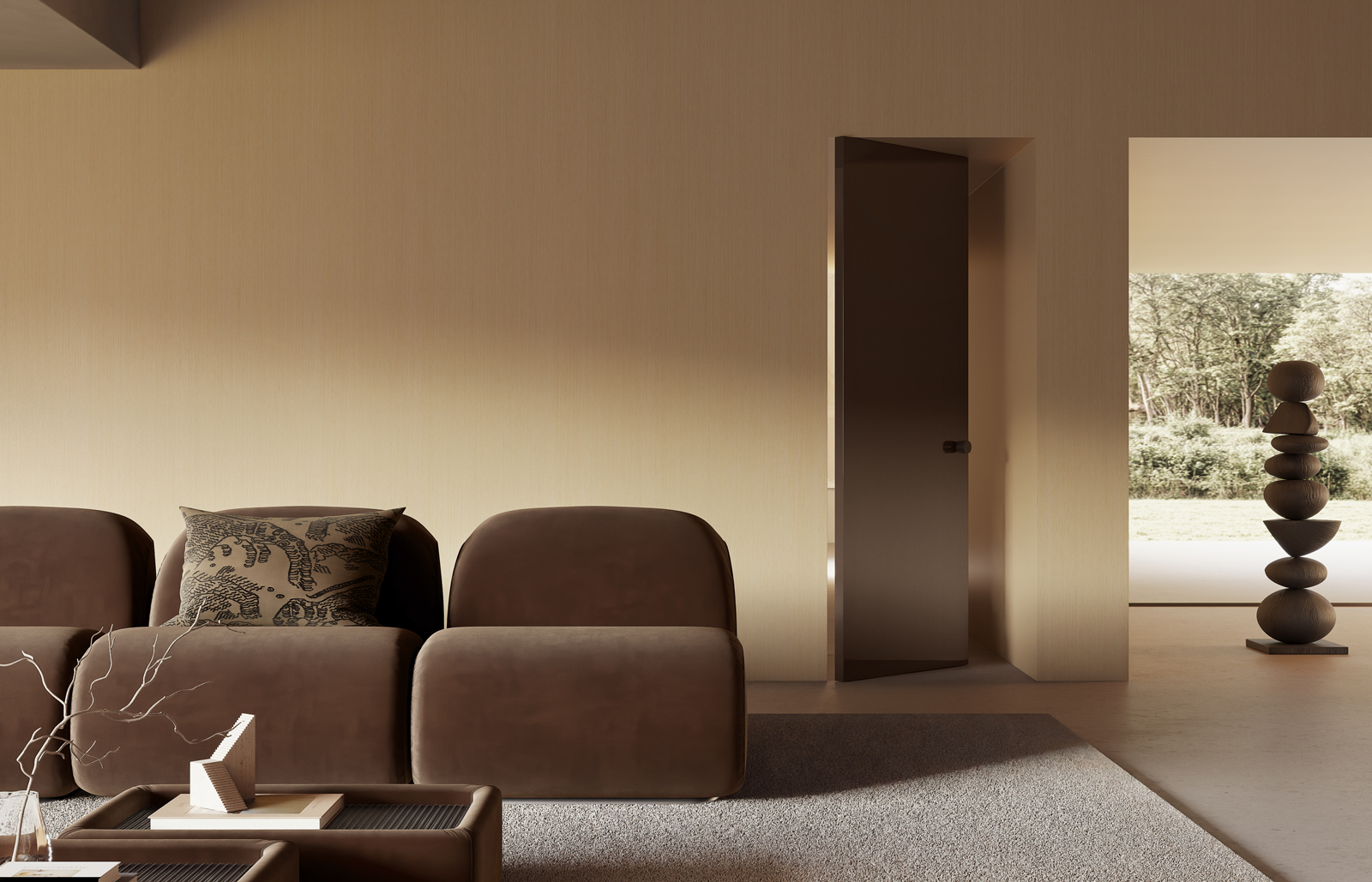 Nell’immagine porta Bilico di FerreroLegno, elegante sistema di partizione con apertura su entrambi i lati, qui proposta nella finitura ULTRALucido Terra Light.