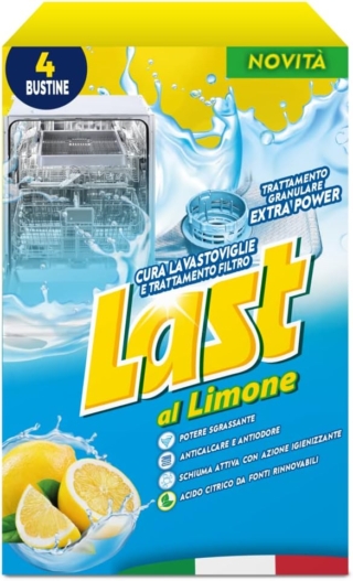 Last al limone è un trattamento granulare cura lavastoviglie per detergere anche cestello e filtro in profondità. La confezione contiene 4 bustine. Last forma una schiuma attiva per igienizzare. Prezzo: 2,66 euro su amazon.it Last al limone è un trattamento granulare cura lavastoviglie per detergere anche cestello e filtro in profondità. La confezione contiene 4 bustine. Last forma una schiuma attiva per igienizzare. Prezzo: 2,66 euro su amazon.it