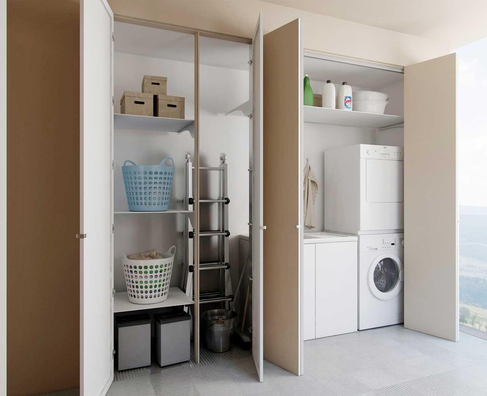 I sistemi di chiusura di RasoParete® prevedono diverse tipologie di anta (battente, a soffietto, scorrevole a libro…), così come sono numerose le maniglie (anche a gola o push-pull) e le finiture applicabili sui pannelli. In alcuni casi le ante sono fornite già con una prima mano di fondo che permette di utilizzare la stessa identica finitura delle pareti: il sistema sarà così nascosto alla perfezione. Nel caso lo si desiderasse, infine, è possibile personalizzare le ante con carta da parati, boiserie o specchi che camuffino del tutto l’apertura e al contempo dilatino lo spazio. Una volta chiuse le ante, scompaiono elettrodomestici, lavabo e i prodotti di pulizia: solamente un “taglio” nella parete che indica la presenza di un’apertura, quasi un discreto segno grafico sul muro. www.sistemirasoparete.it/   