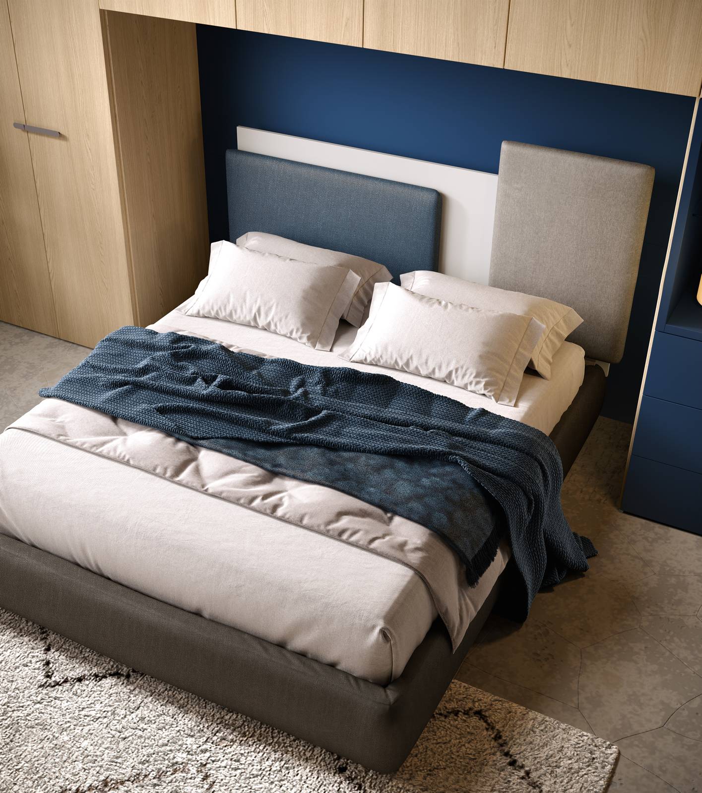 La composizione a ponte Zenith di MorettiCompact con letto matrimoniale è in Rovere Miele e laccato Blu Notte, colore che applicato allo schienale, al vano a giorno e alla cassettiera crea un ambiente immersivo favorevole al riposo. Misura L 377,5 x P 62 xH 257 cm. Prezzo dell'armadio a ponte 3.660 euro. www.moretticompact.it La composizione a ponte Zenith di MorettiCompact con letto matrimoniale è in Rovere Miele e laccato Blu Notte, colore che applicato allo schienale, al vano a giorno e alla cassettiera crea un ambiente immersivo favorevole al riposo. Misura L 377,5 x P 62 xH 257 cm. Prezzo dell'armadio a ponte 3.660 euro. www.moretticompact.it