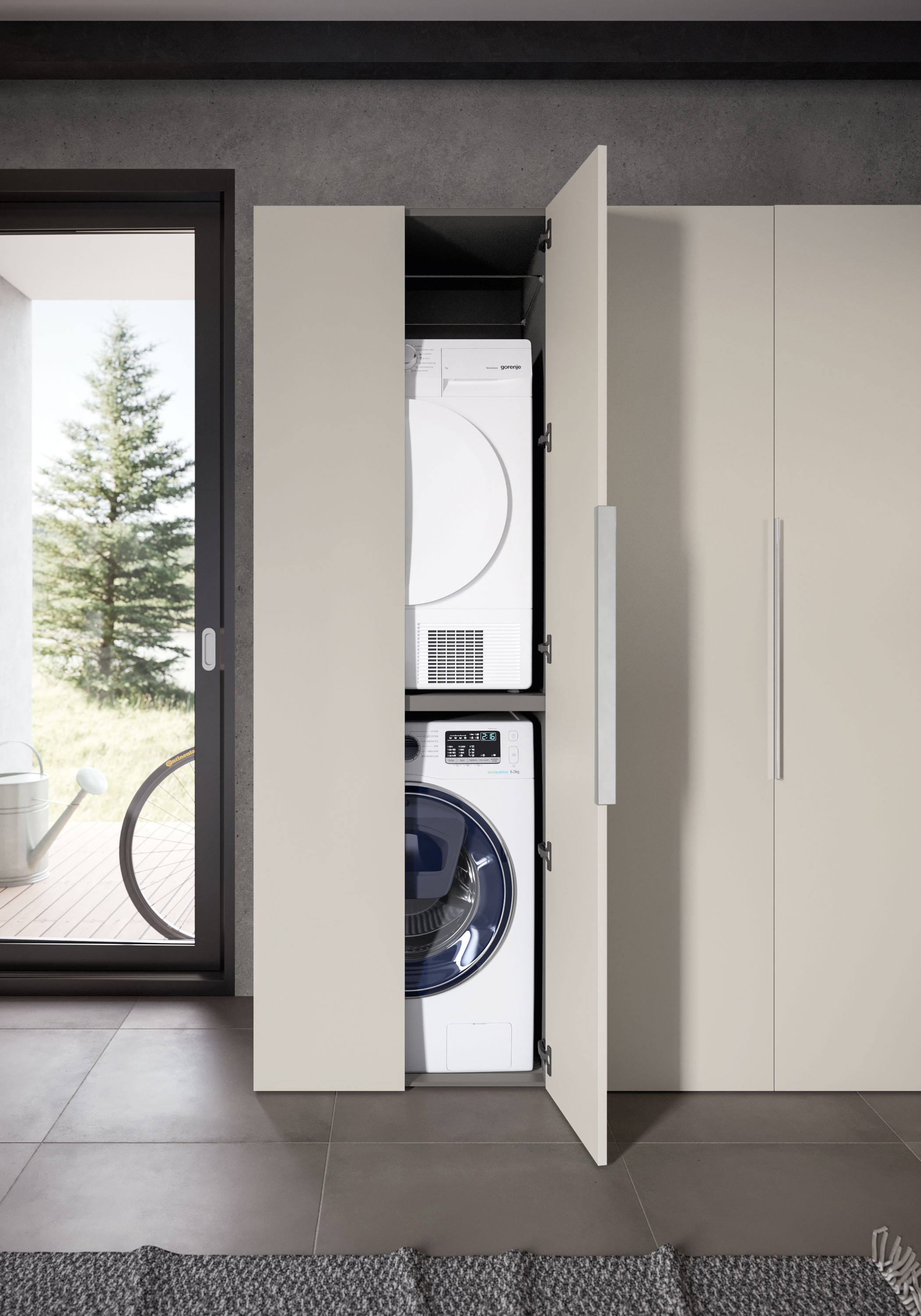 L'armadiatura Airy My Space di RCR Italia è ideale per ogni ambiente. La composizione comprende una colonna portalavatrice e portasciugatrice a due ante ed è completata da una seconda colonna a due ante, per riporre tutto il necessario per uno spazio lavanderia funzionale e compatto. Nella foto è nella finitura Greige, ma è disponibile anche in tanti altri colori e tipologie di finiture. Ogni colonna a 2 ante misura L 70 x P 62 x H 205 cm. Prezzo due colonne in finitura greige
a partire da 2.619 euro. https://www.rcritalia.it/