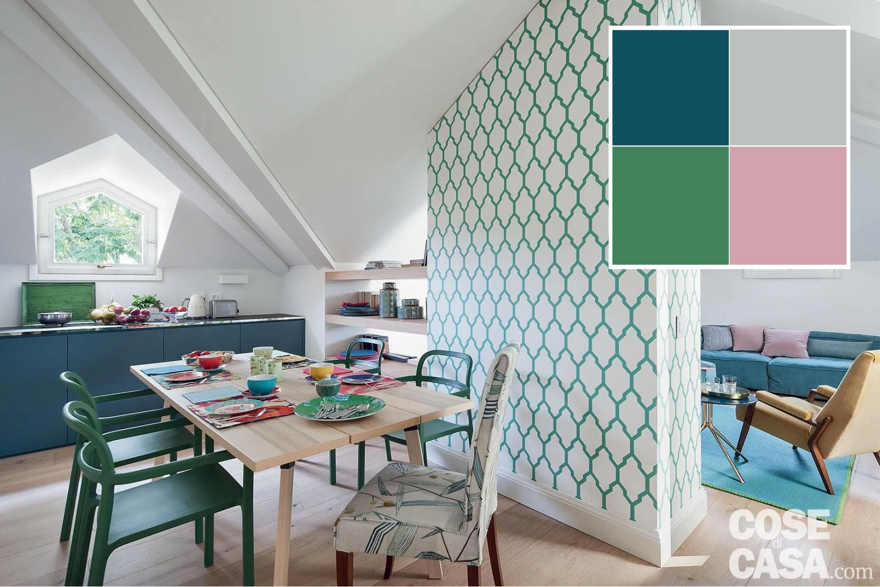 In questo appartamento mansardato, la cucina è stata arredata senza pensili con basi in laccato opaco color petrolio che definiscono la parete sotto la finestra. L'ambiente presenta una tonalità di legno chiaro per il pavimento in parquet, per il tavolo da pranzo e per i ripiani laterali, mentre pareti e soffitto sono bianche. A rendere la stanza giovane e divertente è la scelta di inserire accanto al petrolio alcuni elementi di un colore verde intenso, quali le sedie e il motivo romboidale della tappezzeria della parete divisoria laterale al pranzo.
Progetto arch. Elisabetta Pincherle, Milano, Tel. 02/34537075 http://www.pincherlestudio.com -Direzione lavori Eidos Architettura, Tregasio (Mb) http://www.eidosarchitettura.com - Foto Cristina Fiorentini In questo appartamento mansardato, la cucina è stata arredata senza pensili con basi in laccato opaco color petrolio che definiscono la parete sotto la finestra. L'ambiente presenta una tonalità di legno chiaro per il pavimento in parquet, per il tavolo da pranzo e per i ripiani laterali, mentre pareti e soffitto sono bianche. A rendere la stanza giovane e divertente è la scelta di inserire accanto al petrolio alcuni elementi di un colore verde intenso, quali le sedie e il motivo romboidale della tappezzeria della parete divisoria laterale al pranzo.
Progetto arch. Elisabetta Pincherle, Milano, Tel. 02/34537075 http://www.pincherlestudio.com -Direzione lavori Eidos Architettura, Tregasio (Mb) http://www.eidosarchitettura.com - Foto Cristina Fiorentini