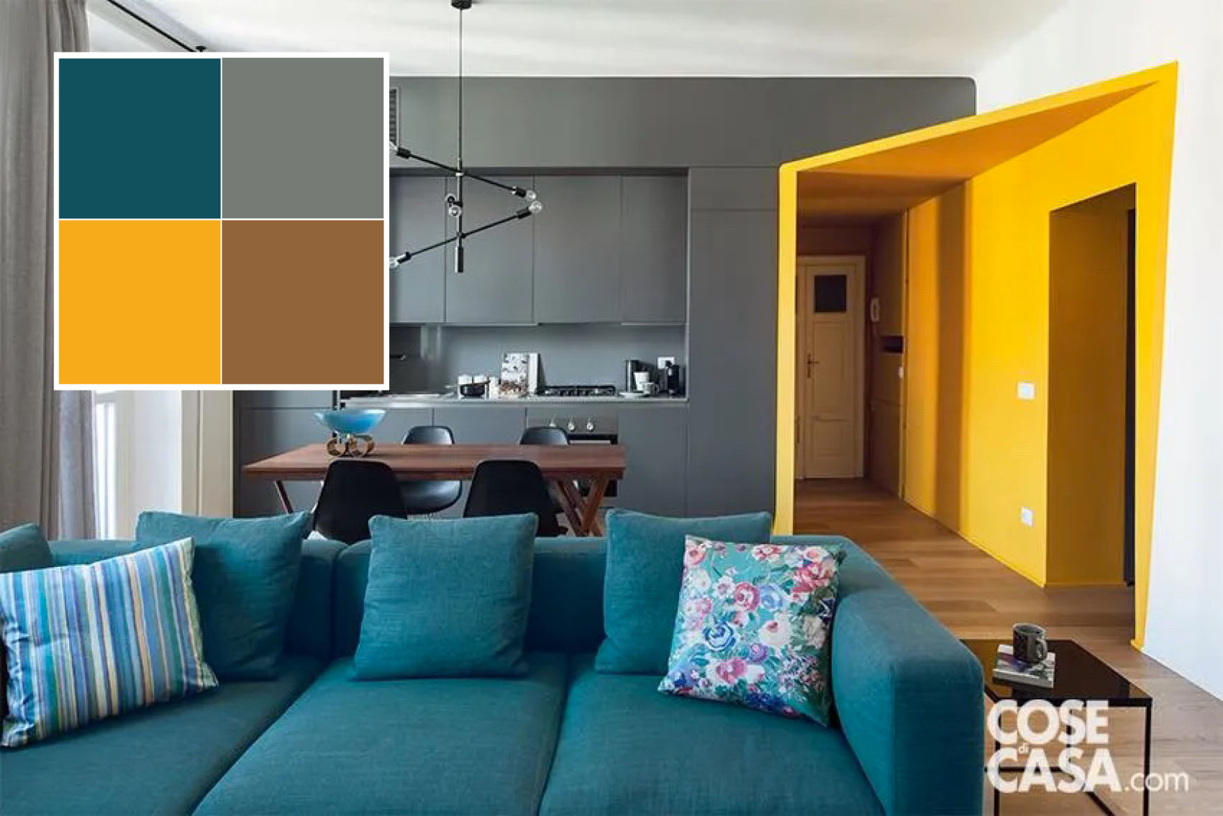 In questo grande soggiorno, emerge con decisione il divano color petrolio in tessuto, ravvivato da cuscini a fantasia floreale e a righe che richiamano la stessa tonalità. Su un pavimento in parquet di rovere che unisce lo spazio, l'abbinamento con il grigio antracite della cucina a vista e il giallo intenso dell'ingresso crea un deciso contrasto con il divano, con un risultato forte e di grande personalità.
Progetto Studiocarta, arch. Mauro Carta in collaborazione con arch. Samuele Nicolaci e arch. Silvia Faravelli Milano, Tel. 02/38239040 http://www.maurocarta.com - Foto Cristina Galliena Bohman - Styling Rosaria Galli In questo grande soggiorno, emerge con decisione il divano color petrolio in tessuto, ravvivato da cuscini a fantasia floreale e a righe che richiamano la stessa tonalità. Su un pavimento in parquet di rovere che unisce lo spazio, l'abbinamento con il grigio antracite della cucina a vista e il giallo intenso dell'ingresso crea un deciso contrasto con il divano, con un risultato forte e di grande personalità.
Progetto Studiocarta, arch. Mauro Carta in collaborazione con arch. Samuele Nicolaci e arch. Silvia Faravelli Milano, Tel. 02/38239040 http://www.maurocarta.com - Foto Cristina Galliena Bohman - Styling Rosaria Galli