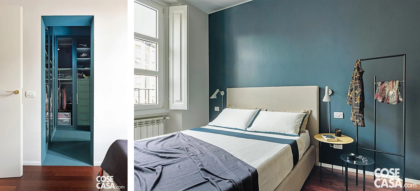 In questa bellissima camera da letto il color petrolio è dominante e molto caratterizzante, e rende l'ambiente deputato al riposo ancor più rilassante e accogliente.
Il petrolio è stato infatti scelto sia per la parete alle spalle della testiera del letto, sia per l'intera cabina armadio, dal pavimento al soffitto e ai mobili.
In abbinamento vi sono il bianco di pareti, soffitto, porte interne e infissi e un elegante parquet scuro sul pavimento.
Progetto LuppettAtelier e Cecilia Avogadro Architetto, Milano - Foto Cristina Galliena Bohman - Styling Francesca Martinez In questa bellissima camera da letto il color petrolio è dominante e molto caratterizzante, e rende l'ambiente deputato al riposo ancor più rilassante e accogliente.
Il petrolio è stato infatti scelto sia per la parete alle spalle della testiera del letto, sia per l'intera cabina armadio, dal pavimento al soffitto e ai mobili.
In abbinamento vi sono il bianco di pareti, soffitto, porte interne e infissi e un elegante parquet scuro sul pavimento.
Progetto LuppettAtelier e Cecilia Avogadro Architetto, Milano - Foto Cristina Galliena Bohman - Styling Francesca Martinez