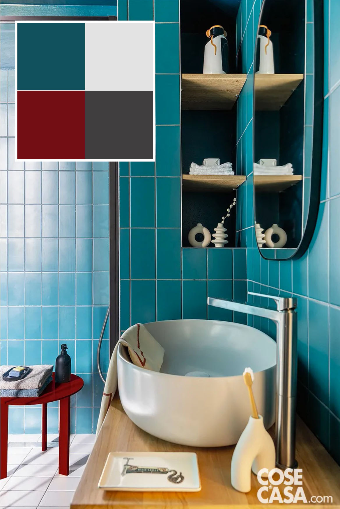 Risulta elegante e raffinato questo bagno in cui per tutte le pareti, incluse quelle della doccia, è stato posato un rivestimento di piastrelle in bicottura di forma rettangolare e in color petrolio. I pavimenti, i sanitari e gli accessori sono bianchi, mentre il piano di appoggio del lavabo e alcune mensole posizionate in una nicchia sono in legno chiaro. All'interno della doccia, è stato posizionato un tavolino rosso, che crea un bel contrasto.
Progetto Archventil, Elena Tomlenova Founder & Creative Director, corso San Gottardo 8, Milano, Tel. 02/91943307 - http://www.archventil.com - Foto Cristina Galliena Bohman - Styling Deborah Piana Agostinetti e Marta Basalto Risulta elegante e raffinato questo bagno in cui per tutte le pareti, incluse quelle della doccia, è stato posato un rivestimento di piastrelle in bicottura di forma rettangolare e in color petrolio. I pavimenti, i sanitari e gli accessori sono bianchi, mentre il piano di appoggio del lavabo e alcune mensole posizionate in una nicchia sono in legno chiaro. All'interno della doccia, è stato posizionato un tavolino rosso, che crea un bel contrasto.
Progetto Archventil, Elena Tomlenova Founder & Creative Director, corso San Gottardo 8, Milano, Tel. 02/91943307 - http://www.archventil.com - Foto Cristina Galliena Bohman - Styling Deborah Piana Agostinetti e Marta Basalto