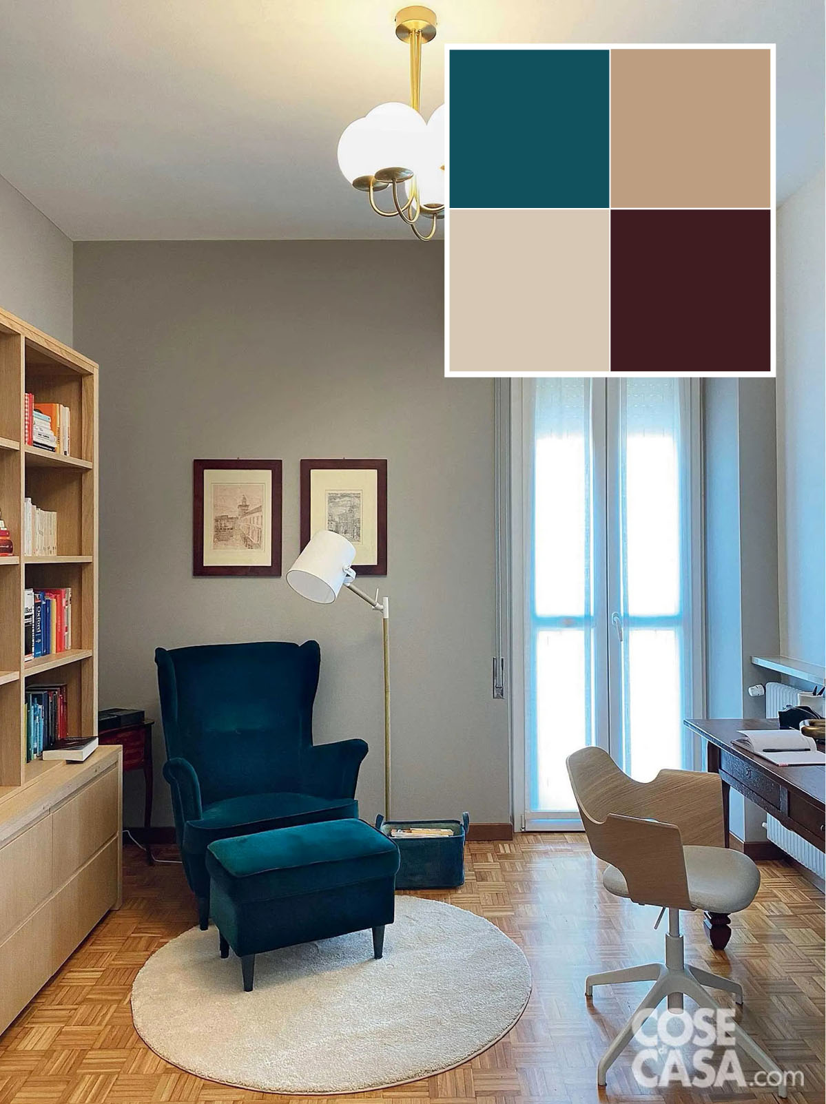 In questo piccolo studio, è stata inserita un comoda poltrona in velluto color petrolio che viene completata da un pouf e che spicca sul resto Infatti l'ambiente presenta toni chiari e uniformi che vi si abbinano perfettamente, ossia il bianco di infissi e soffitto, il grigio perla delle pareti, il legno chiaro del pavimento e i toni altrettanto chiari di libreria e sedia girevole, per un insieme rilassante e di stile contemporaneo.
Foto e progetto architetto Vera Franco, Via Ferrè 12, Crema Tel. 331/679 8581, vera.franco@verafranco.com http://www.verafranco.com In questo piccolo studio, è stata inserita un comoda poltrona in velluto color petrolio che viene completata da un pouf e che spicca sul resto Infatti l'ambiente presenta toni chiari e uniformi che vi si abbinano perfettamente, ossia il bianco di infissi e soffitto, il grigio perla delle pareti, il legno chiaro del pavimento e i toni altrettanto chiari di libreria e sedia girevole, per un insieme rilassante e di stile contemporaneo.
Foto e progetto architetto Vera Franco, Via Ferrè 12, Crema Tel. 331/679 8581, vera.franco@verafranco.com http://www.verafranco.com