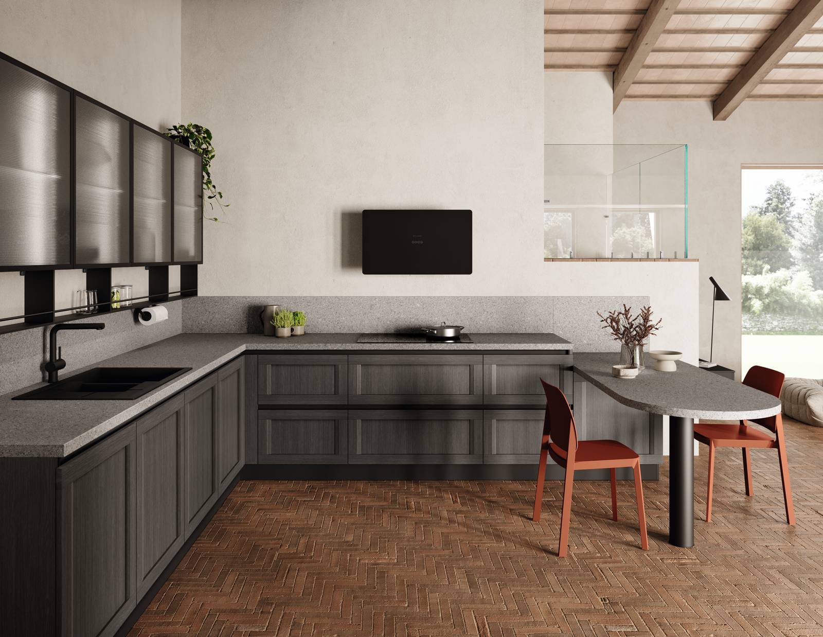 Ante a telaio in decorativo Rovere Town per la composizione angolare Regola di Scavolini chè è caratterizzata dalla presenza di un tavolo/penisola laterale con il piano in Laminato Street Grey coordinato con il top. I pensili con vetro Screen alleggeriscono l'ambiente. Prezzo su richiesta. https://www.scavolini.com Ante a telaio in decorativo Rovere Town per la composizione angolare Regola di Scavolini chè è caratterizzata dalla presenza di un tavolo/penisola laterale con il piano in Laminato Street Grey coordinato con il top. I pensili con vetro Screen alleggeriscono l'ambiente. Prezzo su richiesta. https://www.scavolini.com