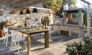 Completa di forno a legna in refrattario chiuso da portina in acciaio inox con pratico termometro e maniglia antiscottatura, la cucina Antille di Palazzetti funziona a legna e carbonella. Il focolare con braciere laterale facilita le operazioni di cottura e il caricamento della legna e consente l’uso completo dell’area grill. La griglia di cottura extralarge è regolabile su 2 altezze. Misura L 225 x P 90 x H 250 cm. Prezzo 4.300 euro. https://ingiardino.palazzetti.it/ Completa di forno a legna in refrattario chiuso da portina in acciaio inox con pratico termometro e maniglia antiscottatura, la cucina Antille di Palazzetti funziona a legna e carbonella. Il focolare con braciere laterale facilita le operazioni di cottura e il caricamento della legna e consente l’uso completo dell’area grill. La griglia di cottura extralarge è regolabile su 2 altezze. Misura L 225 x P 90 x H 250 cm. Prezzo 4.300 euro. https://ingiardino.palazzetti.it/
