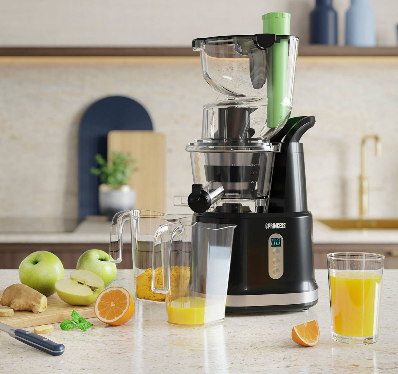 Con l’estrattore Easy Fill di Princess non è necessario tagliare gli ingredienti grazie alla grande apertura. Il motore da 200 watt genera una bassa velocità di rotazione 40-60 giri al minuto. Ha contenitore da 900 ml ed è regolabile su un’unica velocità. Misura L 15 x P 15 x H 30 cm. Prezzo 143,90 euro. www.princesshome.eu