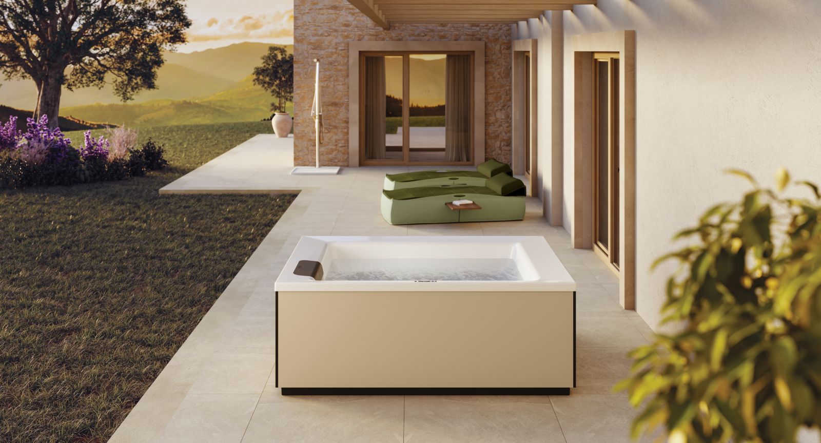 Disponibile per l’installazione freestanding oppure a incasso, la minipiscina Linos di Disenia può ospitare fino a 3 persone contemporaneamente. I getti di colore bianco sono disposti in modo anatomico per stimolare i centri nervosi lungo tutta la schiena, mentre quelli laterali agiscono tonificando la muscolatura. Il poggiatesta, di colore nero, è realizzato in gomma NBR. La minipiscina può essere completata con pannelli perimetrali in materiale composito b-plus bond con profili angolari in tinta con il colore della fiancata. Misura L 210 x P 160 x H 80 cm. Prezzo su richiesta. www.disenia.it