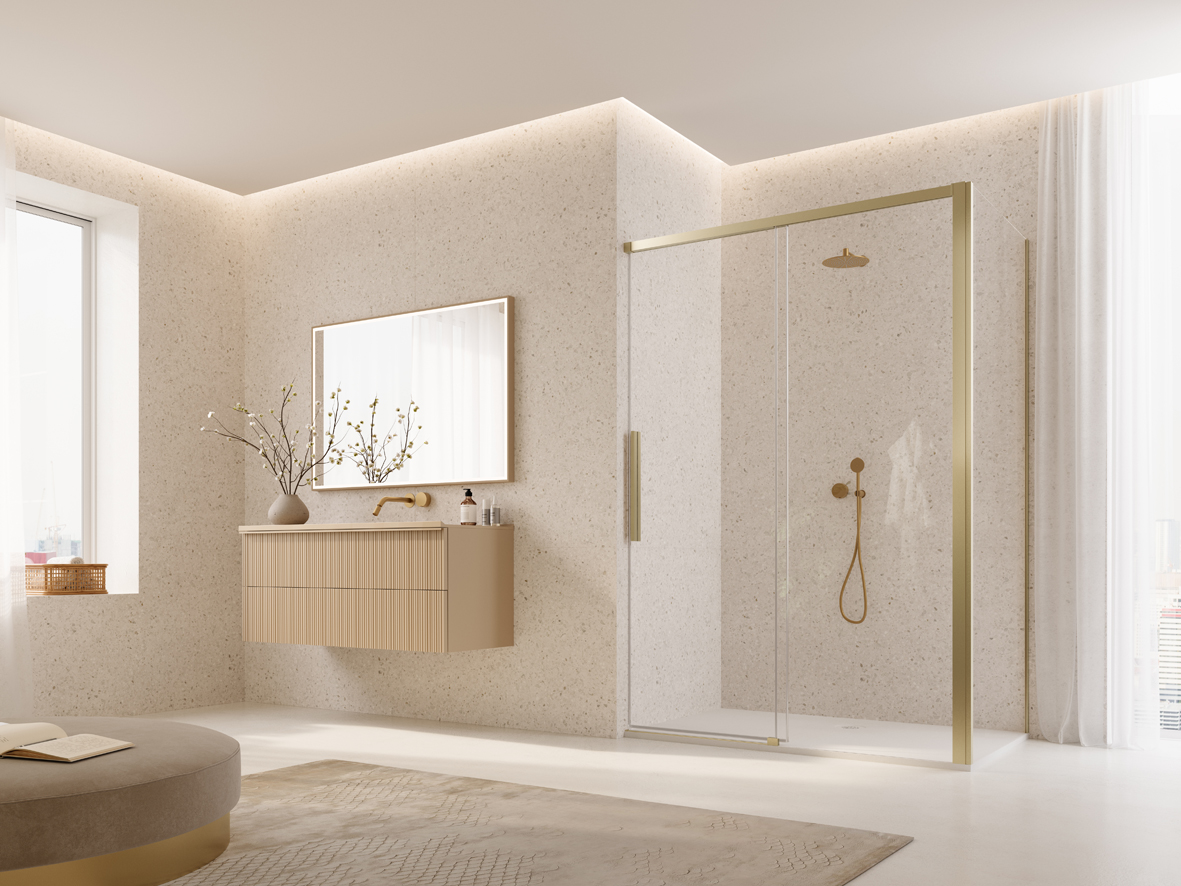 La porta scorrevole della doccia Oriana di Ronal, del gruppo Ronal Bathrooms, è parzialmente incorniciata. Ha guarnizioni di compressione trasparenti e vetro di sicurezza di 8 mm di spessore con rivestimento in vetro Aquaperle. Profili e dettagli sono in foto nella finitura oro spazzolato. Con il sistema Soft Open/Close le ante scorrono dolcemente nella posizione aperta o chiusa. È dotata di maniglia verticale dalle linee minimaliste. Ha un’altezza standard fino a 200 cm. La larghezza standard dell’anta può essere di 120,130,140,150 o 160 cm. Prezzo su richiesta. www.ronalbathrooms.com La porta scorrevole della doccia Oriana di Ronal, del gruppo Ronal Bathrooms, è parzialmente incorniciata. Ha guarnizioni di compressione trasparenti e vetro di sicurezza di 8 mm di spessore con rivestimento in vetro Aquaperle. Profili e dettagli sono in foto nella finitura oro spazzolato. Con il sistema Soft Open/Close le ante scorrono dolcemente nella posizione aperta o chiusa. È dotata di maniglia verticale dalle linee minimaliste. Ha un’altezza standard fino a 200 cm. La larghezza standard dell’anta può essere di 120,130,140,150 o 160 cm. Prezzo su richiesta. www.ronalbathrooms.com