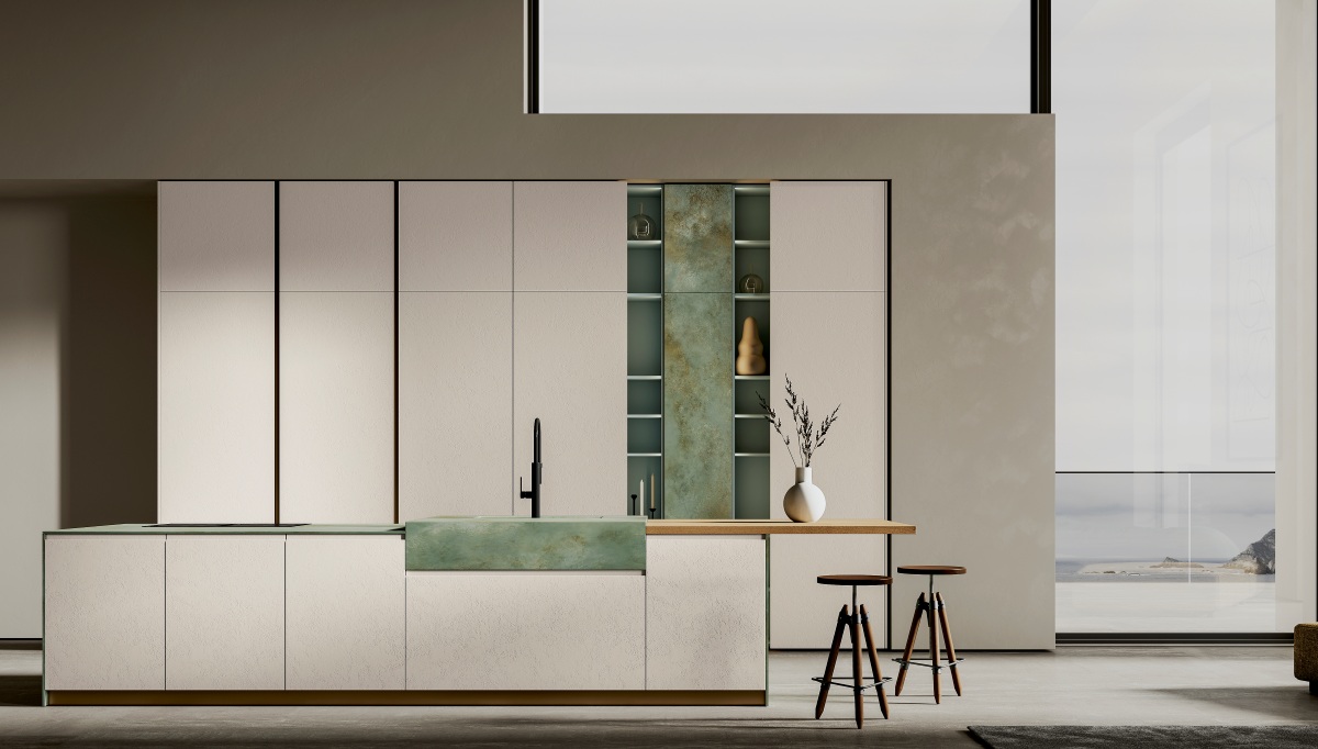 L'anta Gea di Arrex nasce dall'unione di ricerca stilistica e pensiero green. È proposta in cinque  finiture eco PET, tre cementi PET 100% riciclabili e una selezione di colori laccati raccolti in quattro mood: Aria, Acqua, Terra e Fuoco. Le nuove finiture PET cemento e Eco PET liscio vestono le ante Gea e Loft 2.2. La cucina legata all'elemento Acqua offre colori rinfrescanti come il bianco e il verde abbinati a soluzioni innovative, che si combinano per creare uno spazio che richiama la serenità e la fluidità dell'acqua. Colonna e sopracolonna finitura Gres Ossido Verderame. Piano snack finitura Wood impiallacciato Rovere Naturale. Colonne e pensili sopra colonna PET Creta. PET colori di serie: 204 euro + Iva. www.arrex.it L'anta Gea di Arrex nasce dall'unione di ricerca stilistica e pensiero green. È proposta in cinque  finiture eco PET, tre cementi PET 100% riciclabili e una selezione di colori laccati raccolti in quattro mood: Aria, Acqua, Terra e Fuoco. Le nuove finiture PET cemento e Eco PET liscio vestono le ante Gea e Loft 2.2. La cucina legata all'elemento Acqua offre colori rinfrescanti come il bianco e il verde abbinati a soluzioni innovative, che si combinano per creare uno spazio che richiama la serenità e la fluidità dell'acqua. Colonna e sopracolonna finitura Gres Ossido Verderame. Piano snack finitura Wood impiallacciato Rovere Naturale. Colonne e pensili sopra colonna PET Creta. PET colori di serie: 204 euro + Iva. www.arrex.it