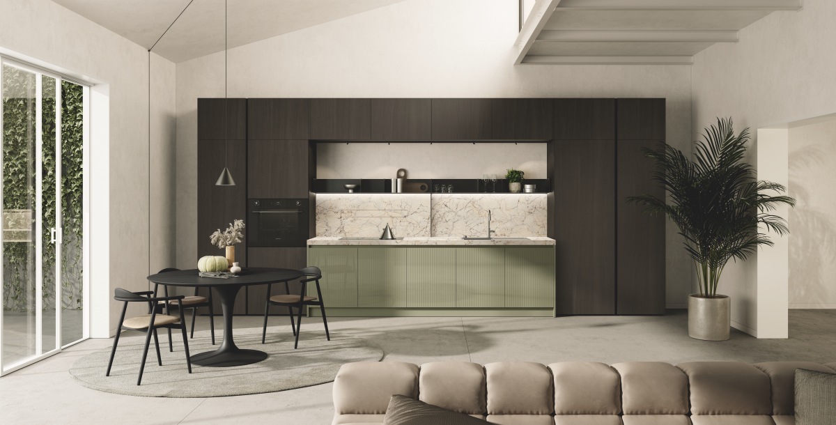 La cucina Regola di Scavolini, design Vuesse, è una composizione lineare con ante delle basi in laccato dogato lucido Verde Alga e ante di colonne e sopracolonne in impiallacciato Rovere Carbone, in abbinamento a elementi a giorno in metallo finitura Antracite. Il piano cucina in gres porcellanato Fusion White ha una profondità di 70 cm per ospitare lo schienale Orizzonte Up con cappa. Il sistema di illuminazione a binario con faretti orientabili e removibili Action completa la cucina con stile e funzionalità. www.scavolini.com La cucina Regola di Scavolini, design Vuesse, è una composizione lineare con ante delle basi in laccato dogato lucido Verde Alga e ante di colonne e sopracolonne in impiallacciato Rovere Carbone, in abbinamento a elementi a giorno in metallo finitura Antracite. Il piano cucina in gres porcellanato Fusion White ha una profondità di 70 cm per ospitare lo schienale Orizzonte Up con cappa. Il sistema di illuminazione a binario con faretti orientabili e removibili Action completa la cucina con stile e funzionalità. www.scavolini.com