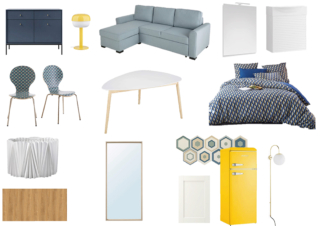Credenza blu 104x83 Garnero Arredamenti
Lampada da tavolo gialla IKEA
Divano Maisons du Monde
Specchio, lavabo e mobile bagno Leroy Merlin
Sedia La Redoute
Tavolo Maisons du Monde
Biancheria da letto La Redoute
Paralume Ikea
Pavimento SPC SKEMA
Specchio Ikea
Piastrelle Iperceramica
Cucina (anta con telaio) Arrex
Frigo giallo Severin
Applique La Redoute