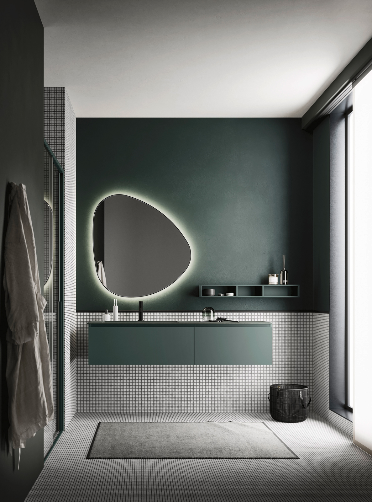 Nella foto: composizione Ho.Me Plus 45 – c21 – di Arbi Arredobagno con basi sospese H 36,8 in laccato Verde Comodoro opaco e lavabo integrato Plaza in Gres Green; elemento kubo folding in laccato Verde Comodoro opaco e specchiera Sasso Big. Nella foto: composizione Ho.Me Plus 45 – c21 – di Arbi Arredobagno con basi sospese H 36,8 in laccato Verde Comodoro opaco e lavabo integrato Plaza in Gres Green; elemento kubo folding in laccato Verde Comodoro opaco e specchiera Sasso Big.