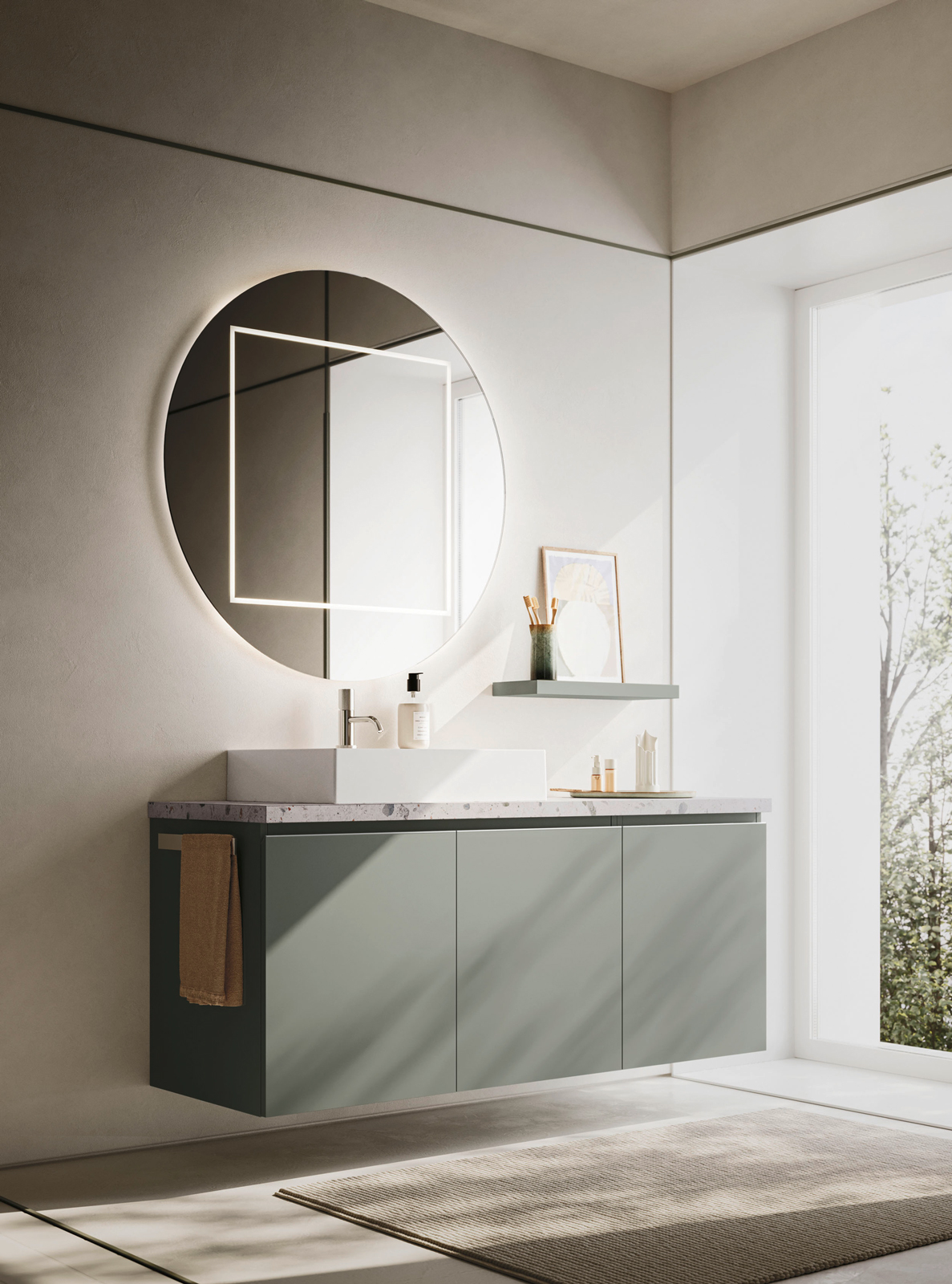 Nella foto: composizione Ho.Me Plus 45 – c25 – di Arbi Arredobagno con mobile sospeso H 61,2 cm in melaminico colore Pistacchio con portasalviette Snoopy, piano top in Laminato Terrazzo e lavabo Delta 60 in ceramica; mensola in coordinato Pistacchio e specchiera Pitagora 100. Nella foto: composizione Ho.Me Plus 45 – c25 – di Arbi Arredobagno con mobile sospeso H 61,2 cm in melaminico colore Pistacchio con portasalviette Snoopy, piano top in Laminato Terrazzo e lavabo Delta 60 in ceramica; mensola in coordinato Pistacchio e specchiera Pitagora 100.