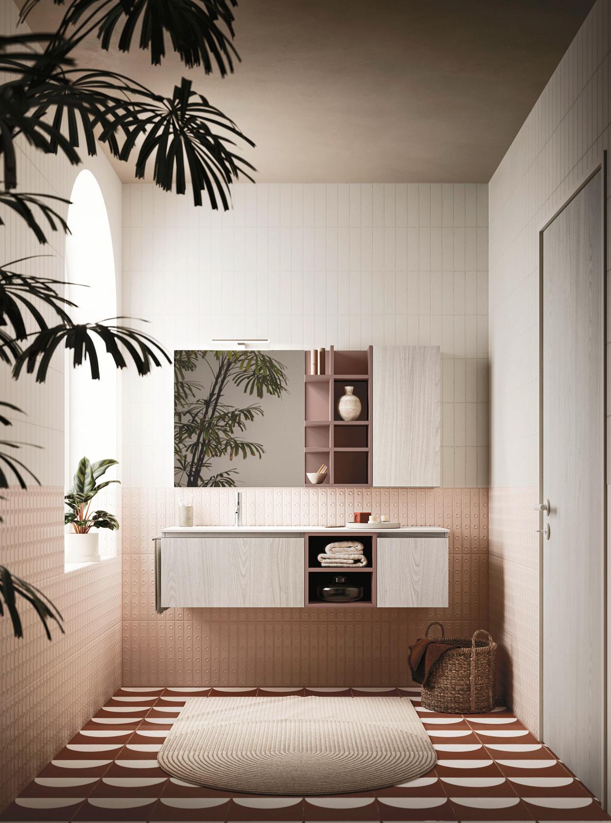 Nella foto: composizione Ho.Me Plus 45 – c30 – di Arbi Arredobagno con mobile sospeso composto da basi sospese H 36,8 in melaminico termostrutturato Marmolada profilo Brill e vano a giorno in laccato Marsala opaco lavabo con consolle Juno 140 sx in tekno; pensile in finitura coordinata, affiancato ad elemento Half in laccato Marsala opaco e specchiera Less con faretto Win. Nella foto: composizione Ho.Me Plus 45 – c30 – di Arbi Arredobagno con mobile sospeso composto da basi sospese H 36,8 in melaminico termostrutturato Marmolada profilo Brill e vano a giorno in laccato Marsala opaco lavabo con consolle Juno 140 sx in tekno; pensile in finitura coordinata, affiancato ad elemento Half in laccato Marsala opaco e specchiera Less con faretto Win.