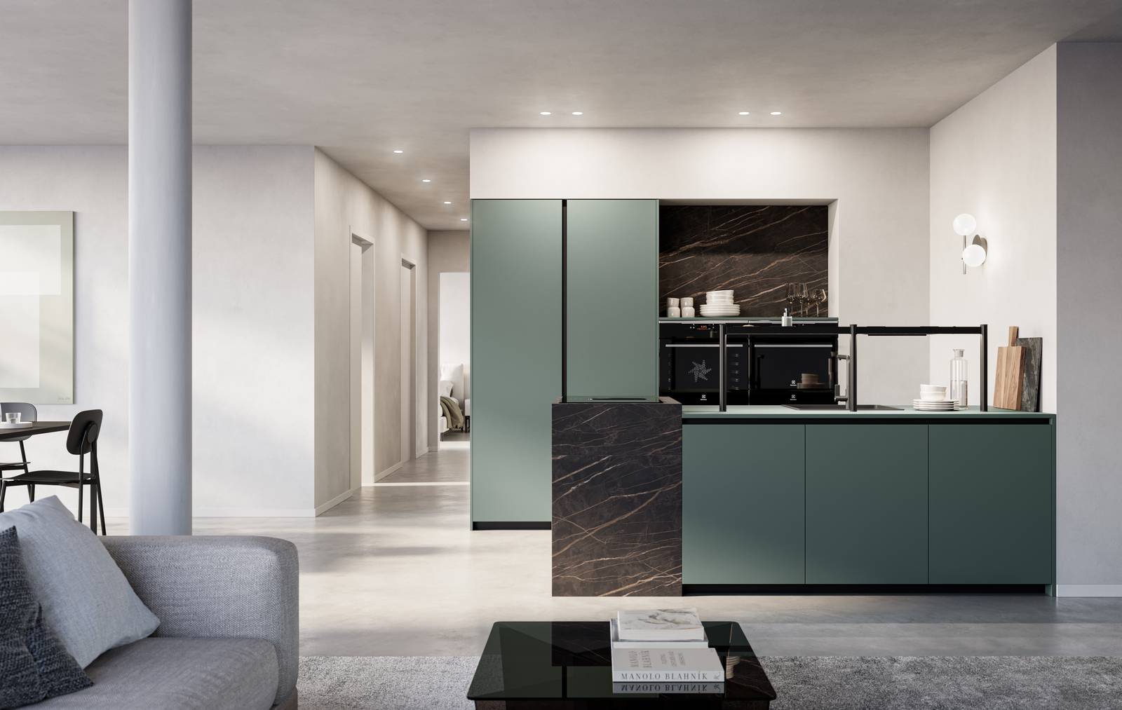 Cucina Kalì a isola in Fenix® verde Comodoro