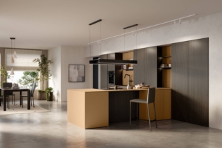 Cucina per open space con basi, schienale boiserie e piano di lavoro in tinta