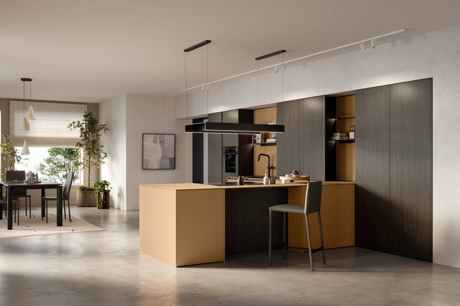 Cucina per open space con basi, schienale boiserie e piano di lavoro in tinta