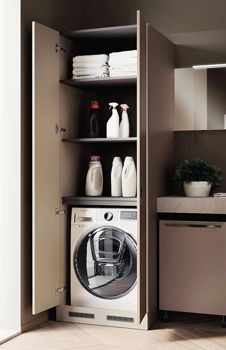 Il Laundry Space Aquo di Scavolini, qui con armadiatura a doppia anta battente da 35 cm in finitura laccato opaco Visone, misura L 70 x P 75 x H 212 cm. Prezzo su richiesta. www.scavolini.it Il Laundry Space Aquo di Scavolini, qui con armadiatura a doppia anta battente da 35 cm in finitura laccato opaco Visone, misura L 70 x P 75 x H 212 cm. Prezzo su richiesta. www.scavolini.it