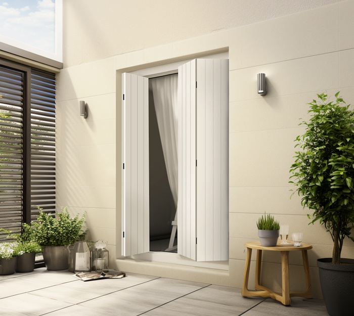 Gli scuretti Vicentina di Mito hanno le ante a doghe verticali da 75 mm, che offrono una chiusura totale. La chiusura è detta alla vicentina, con le ante pieghevoli, che si ripiegano su se stesse verso l'interno. Sono realizzati con profili in lega di alluminio, con anta unica oppure doppia. I cardini sono a murare. www.mito.it