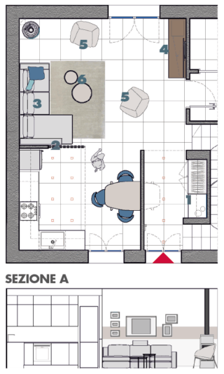 Alla zona giorno si accede attraverso
un corridoio d'ingresso che da
una parte chiude la zona di pertinenza della cucina, dall'altra accoglie
una composizione in nicchia con
una console e un guardaroba (1).
Nel progetto, che prevede l'inserimento della parete ad altezze diversificate (2), lo schema d'arredo ruota intorno alla posizione del divano angolare (3). Sistemato contro la nuova parete
è rivolto verso un mobile sul lato opposto (4) ma disassato rispetto
alle sedute. È una sistemazione
che lascia molto spazio libero a centro stanza, penalizzando però la visione della tv, per la quale è previsto un modello da fissare al muro con braccio snodato. Per ovviare al problema
sono previste anche due poltrone (5) dalle forme morbide, facili da spostare.
Fra le sedute ci sono due tavolini
in metallo (6) leggeri e maneggevoli
per assecondare le stesse necessità. Alla zona giorno si accede attraverso
un corridoio d'ingresso che da
una parte chiude la zona di pertinenza della cucina, dall'altra accoglie
una composizione in nicchia con
una console e un guardaroba (1).
Nel progetto, che prevede l'inserimento della parete ad altezze diversificate (2), lo schema d'arredo ruota intorno alla posizione del divano angolare (3). Sistemato contro la nuova parete
è rivolto verso un mobile sul lato opposto (4) ma disassato rispetto
alle sedute. È una sistemazione
che lascia molto spazio libero a centro stanza, penalizzando però la visione della tv, per la quale è previsto un modello da fissare al muro con braccio snodato. Per ovviare al problema
sono previste anche due poltrone (5) dalle forme morbide, facili da spostare.
Fra le sedute ci sono due tavolini
in metallo (6) leggeri e maneggevoli
per assecondare le stesse necessità.