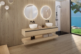 Sistema mobili rivea Dia rovere pietra con due lavabi Sistema mobili rivea Dia rovere pietra con due lavabi