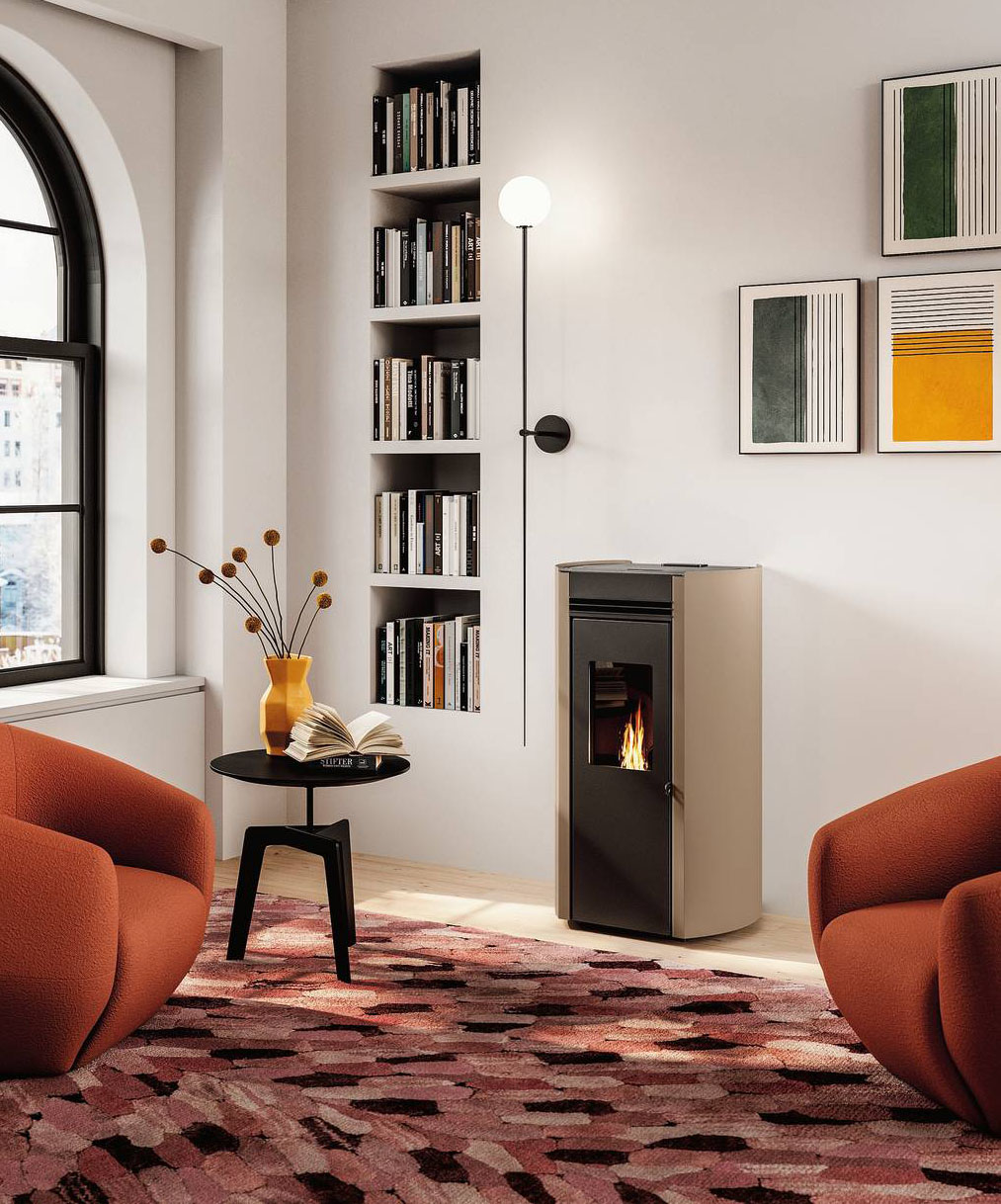 Ecofire® Flo di Palazzetti
ha rivestimento in acciaio verniciato con fianchi arrotondati. A pellet, con serbatoio 15 kg, ha Complete Burning System, braciere autopulente, pannello digitale e ventilazione regolabile, anche a zero. In classe A+, ambientale 5 stelle. Ha potenza di 6 e 9 kW. Misura L 52,9 x P 49 x H 97 cm. Costa 2.562 euro. www.palazzetti.it Ecofire® Flo di Palazzetti
ha rivestimento in acciaio verniciato con fianchi arrotondati. A pellet, con serbatoio 15 kg, ha Complete Burning System, braciere autopulente, pannello digitale e ventilazione regolabile, anche a zero. In classe A+, ambientale 5 stelle. Ha potenza di 6 e 9 kW. Misura L 52,9 x P 49 x H 97 cm. Costa 2.562 euro. www.palazzetti.it