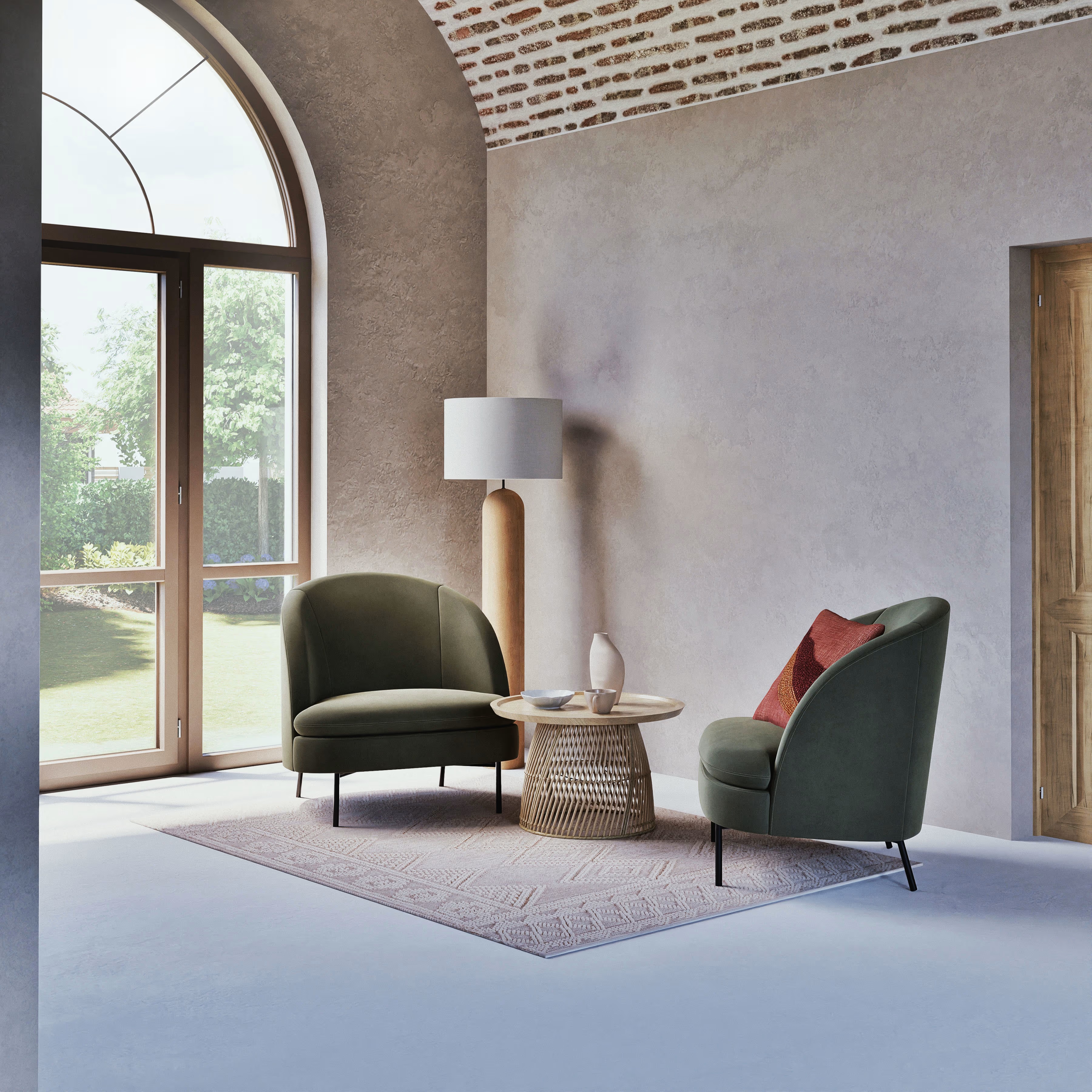 angolo conversazione japandi con poltrone e tappeto naturale di Maisons du Monde