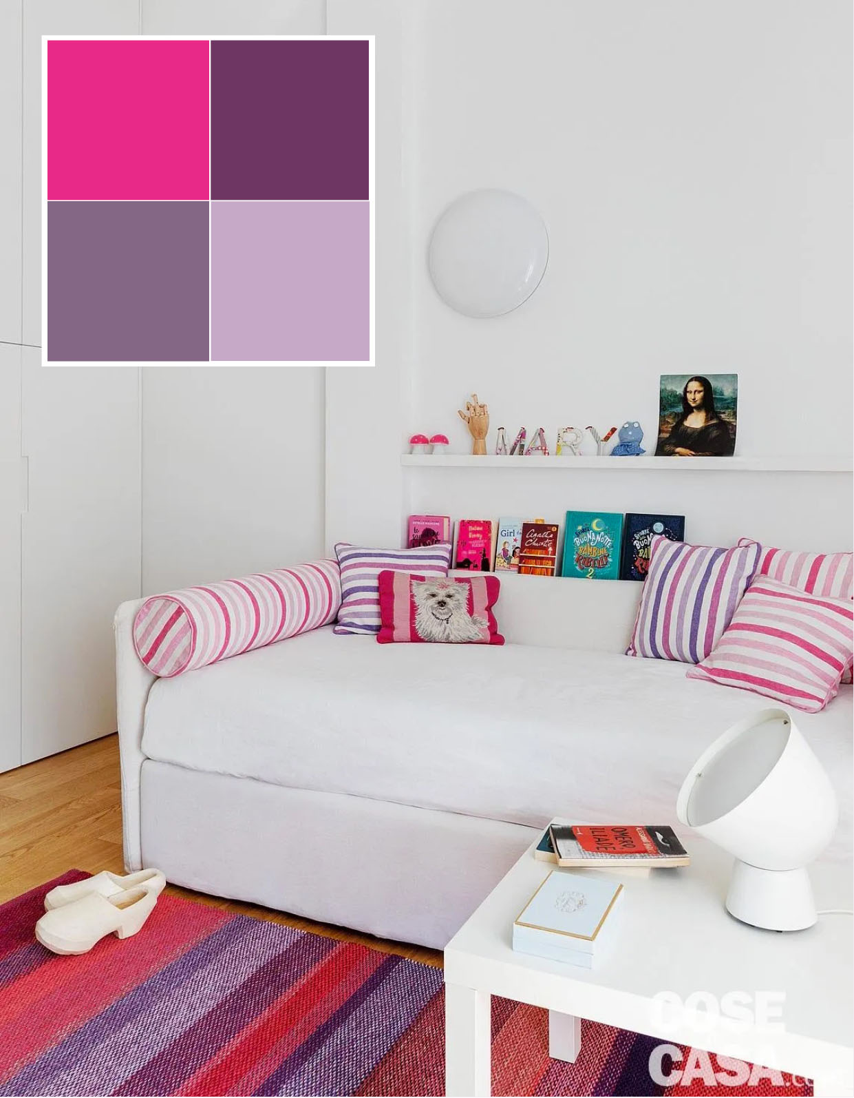 È il caso di questa stanza di una ragazza in cui a predominare è il bianco, scelto per pareti, armadio, divano-letto e tavolino. Su questa uniformità spicca il fucsia presente sia nel tappeto di lana sia nei cuscini, alternandosi, nelle righe, a tonalità affini, come il lilla e il viola. L'insieme trasmette allegria e risulta luminoso, equilibrato e senza eccessi.
Progetto arch. Lula Ferrari, Milano, Tel. 02/45470634 http://www.lulaferrari.it - Foto Claudio Tajoli - Styling Rosaria Galli